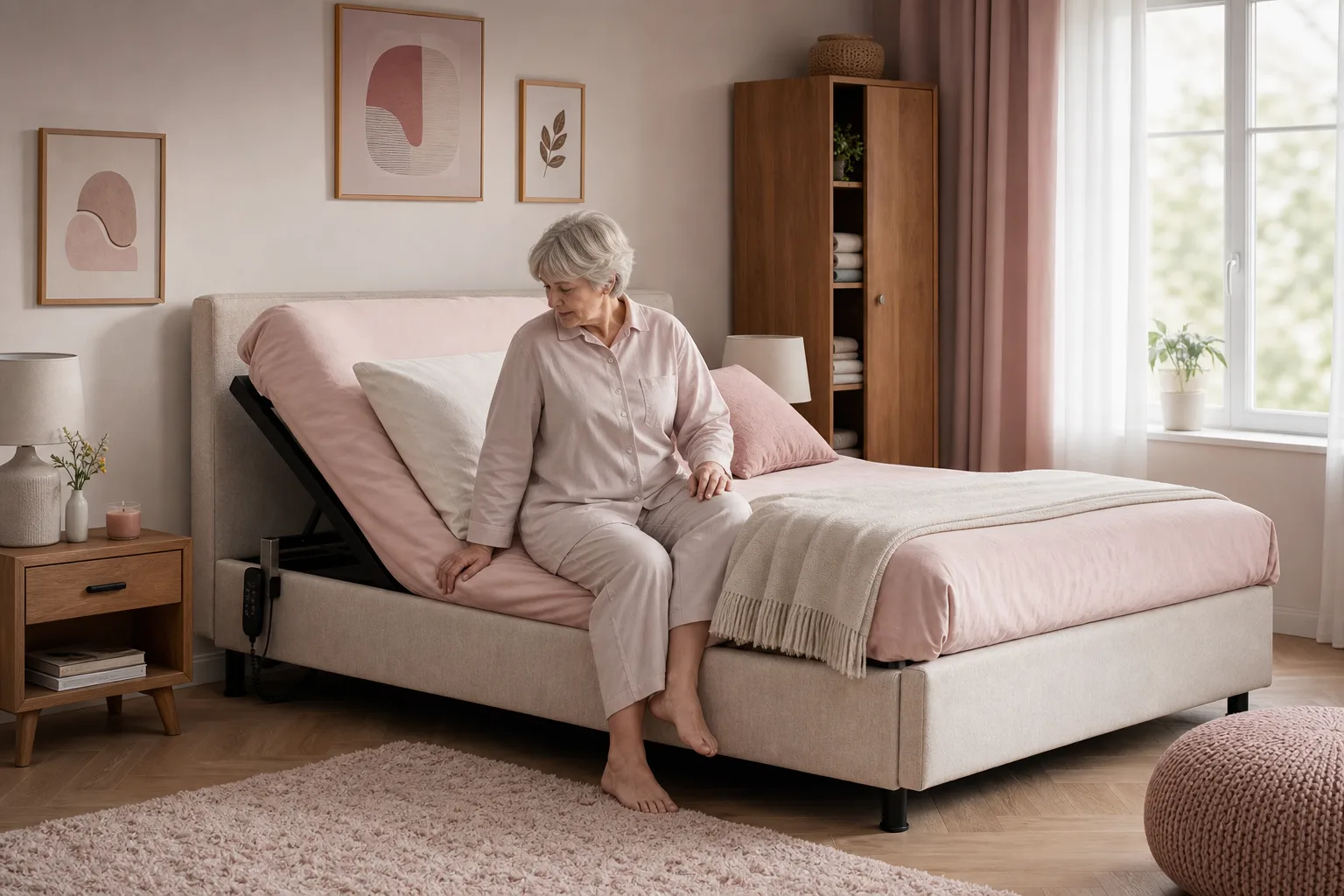 Chambre lumineuse et sécurisée avec un lit réglable adapté à une personne âgée.
