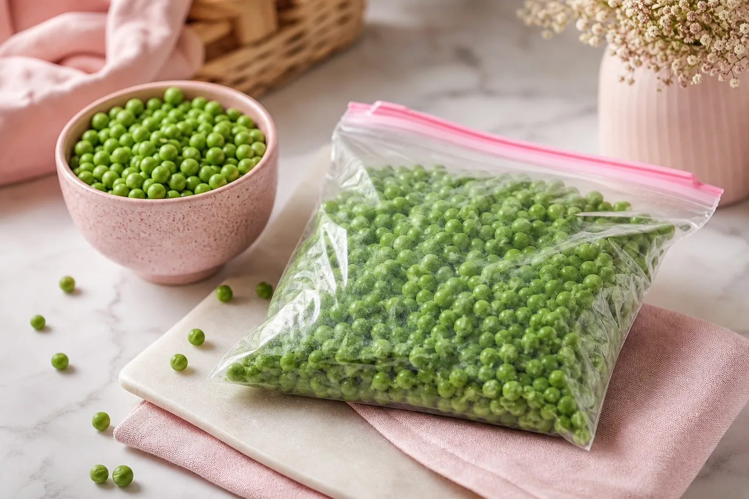 Petits pois frais écossés disposés en une couche sur une plaque avant leur congélation.