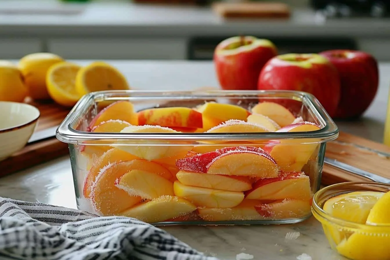 Tranches de pommes fraîches disposées sur une plaque avant congélation, avec des sachets étiquetés au second plan.