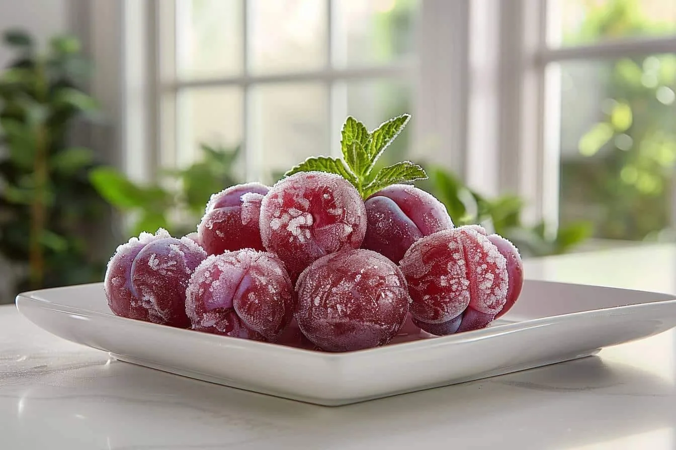 Prunes reine-Claude fraîches coupées en deux sur une plaque, prêtes à être congelées dans des sachets hermétiques.