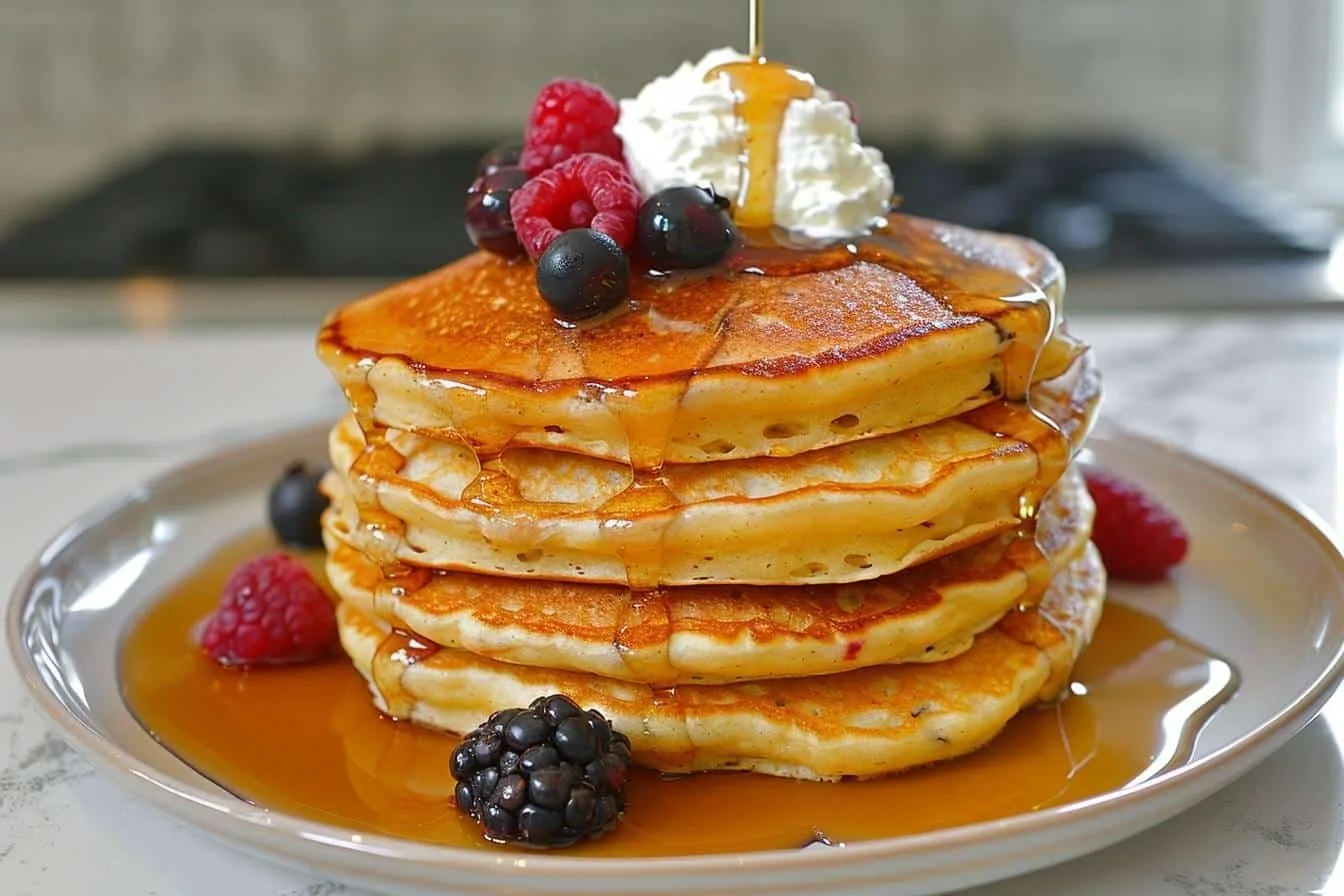 Pile de pancakes dorés séparés par du papier cuisson dans une boîte hermétique, prête à être conservée.