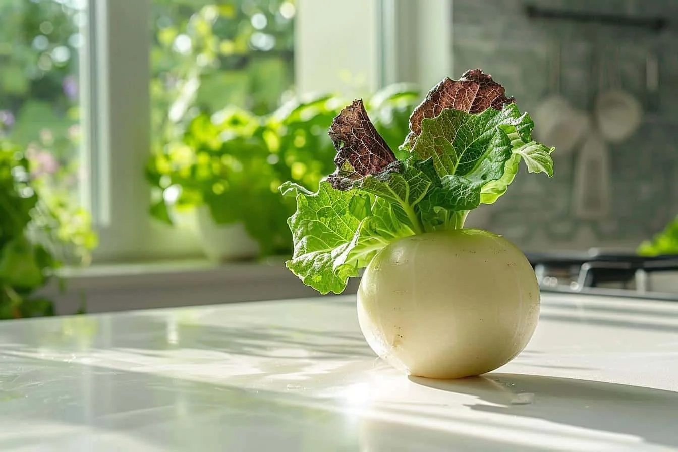 Chou-rave frais entier avec ses feuilles, posé dans un panier de légumes près d’un sac de conservation réutilisable.
