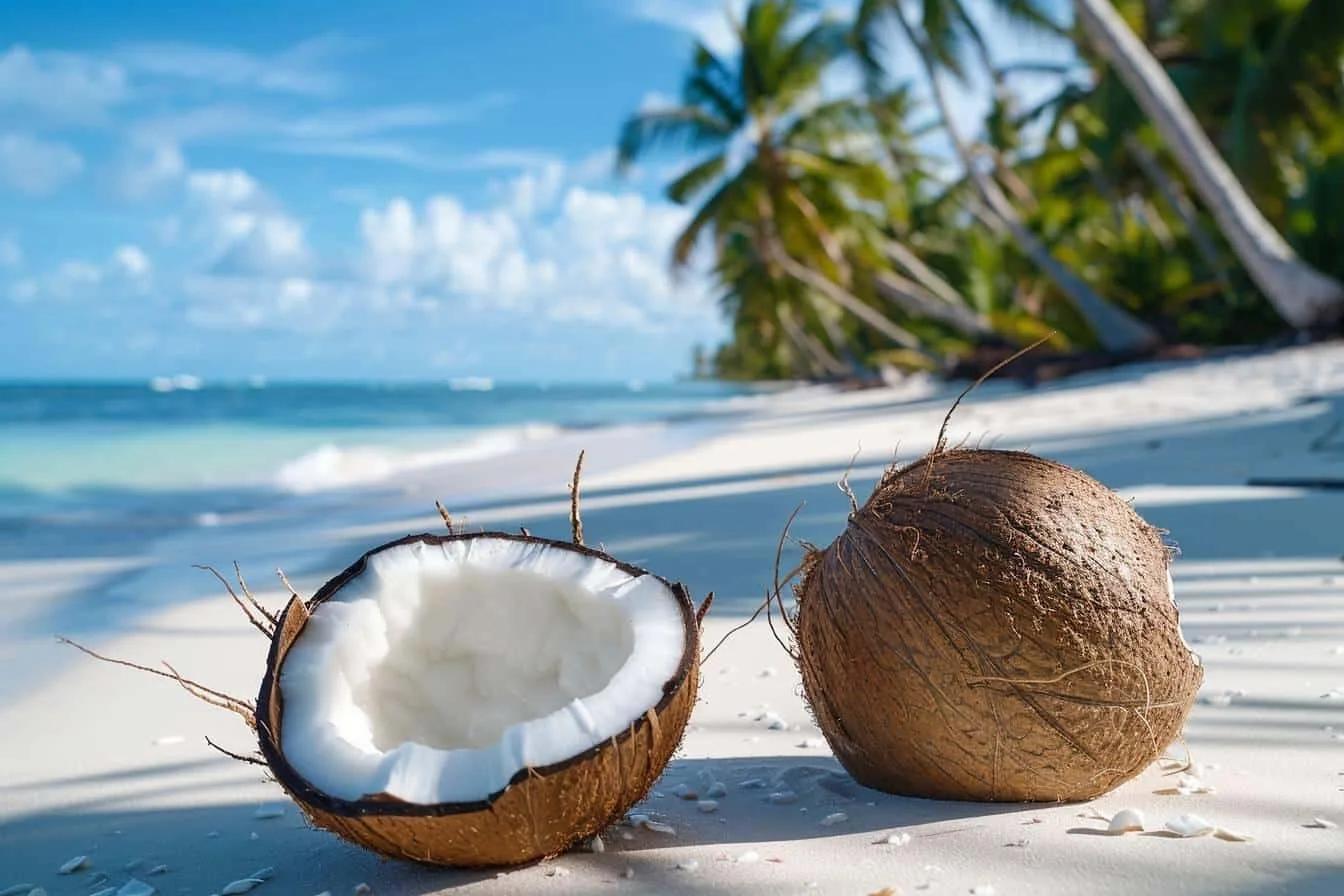 Chair blanche et eau d’une noix de coco fraîche ouverte, conservées dans des contenants hermétiques au réfrigérateur.