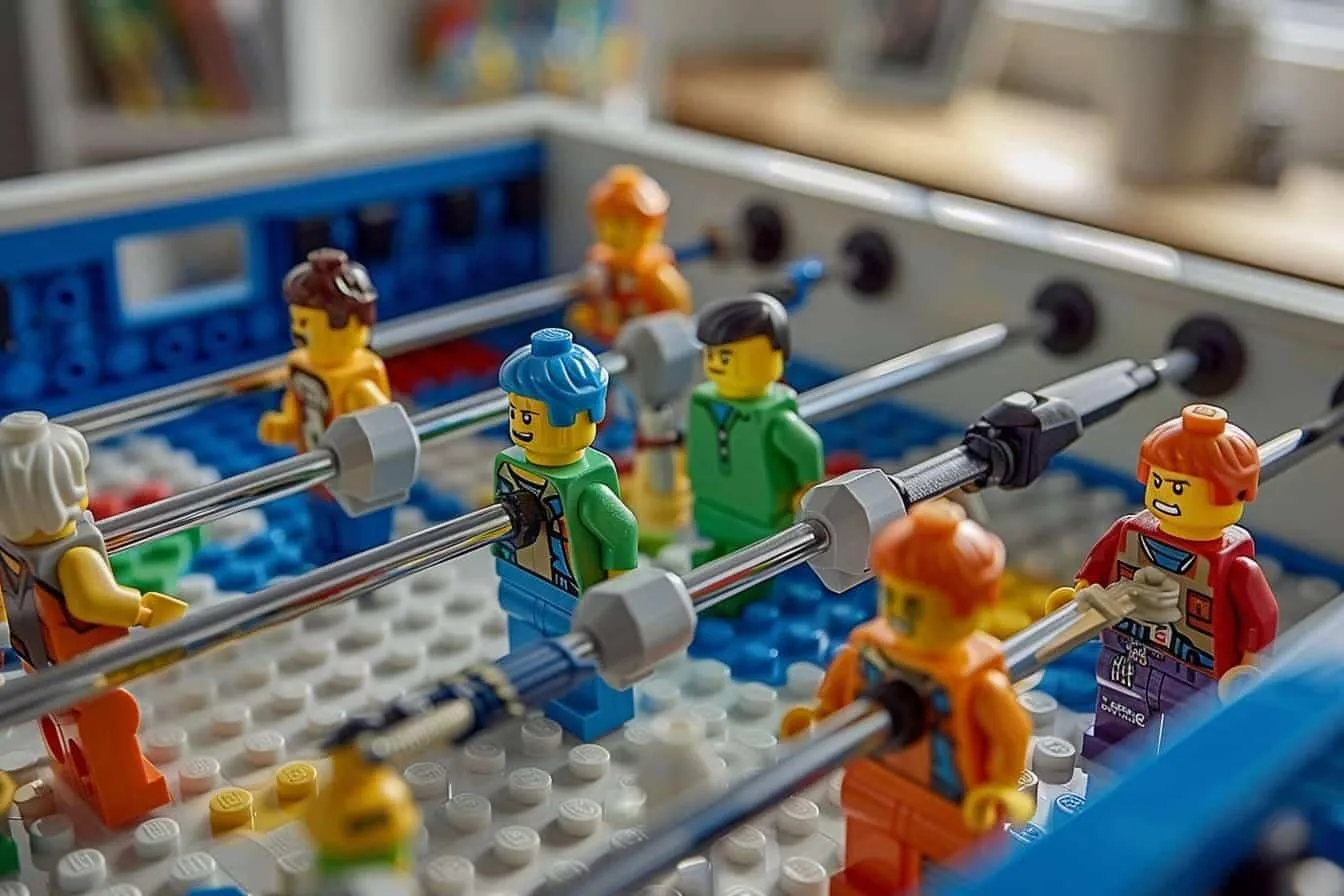 Baby-foot miniature construit en LEGO Technic avec terrain vert, joueurs articulés, poignées et buts fonctionnels.
