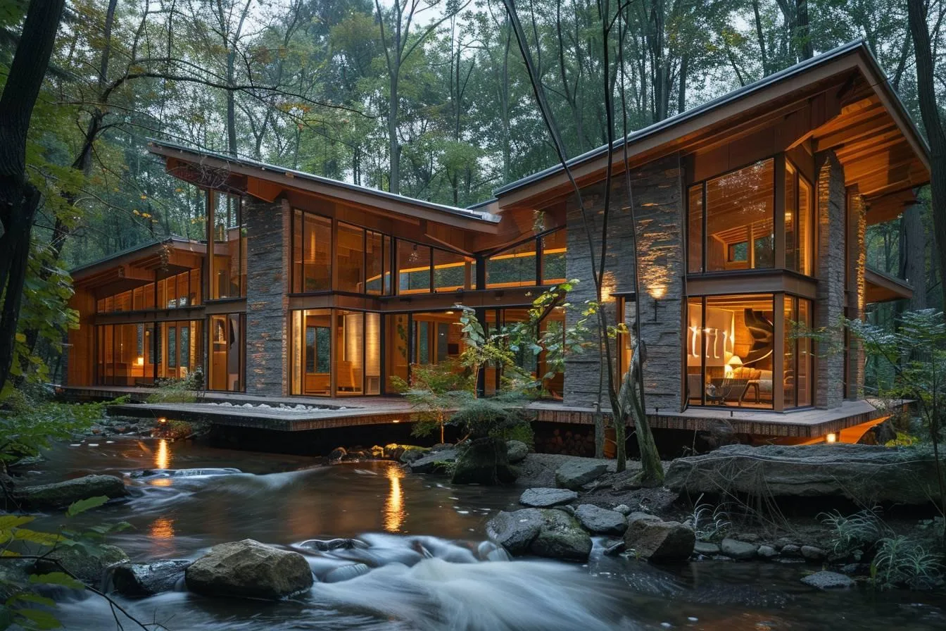 Chalet contemporain en bois et pierre, aux lignes horizontales et larges débords de toit, intégré dans un paysage de montagne.