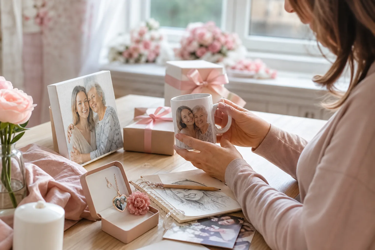 Cadeau personnalisé pour une maman : album photo, carte manuscrite et petit présent emballé avec un ruban.