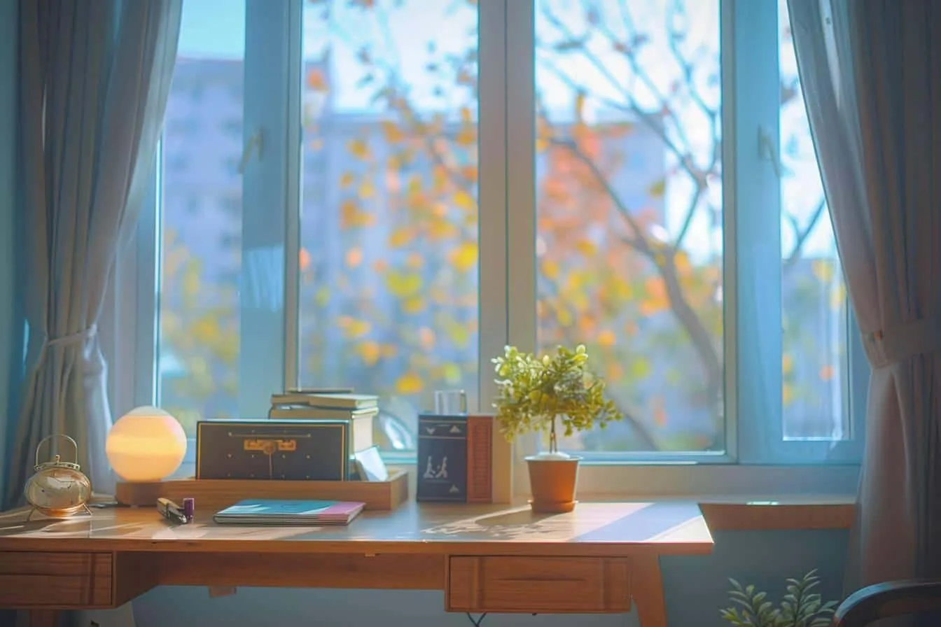 Bureau d’étude lumineux et rangé avec ordinateur portable, cahier, lampe de bureau, plante et casque audio.