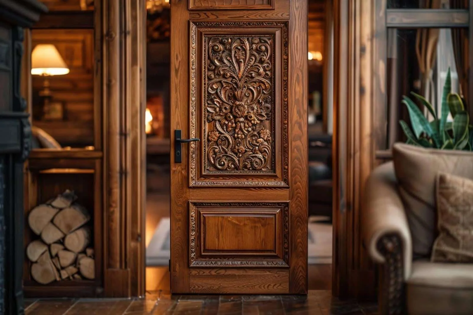 Intérieur lumineux et chaleureux avec portes en bois naturel, mur clair, parquet et poignées en laiton brossé.