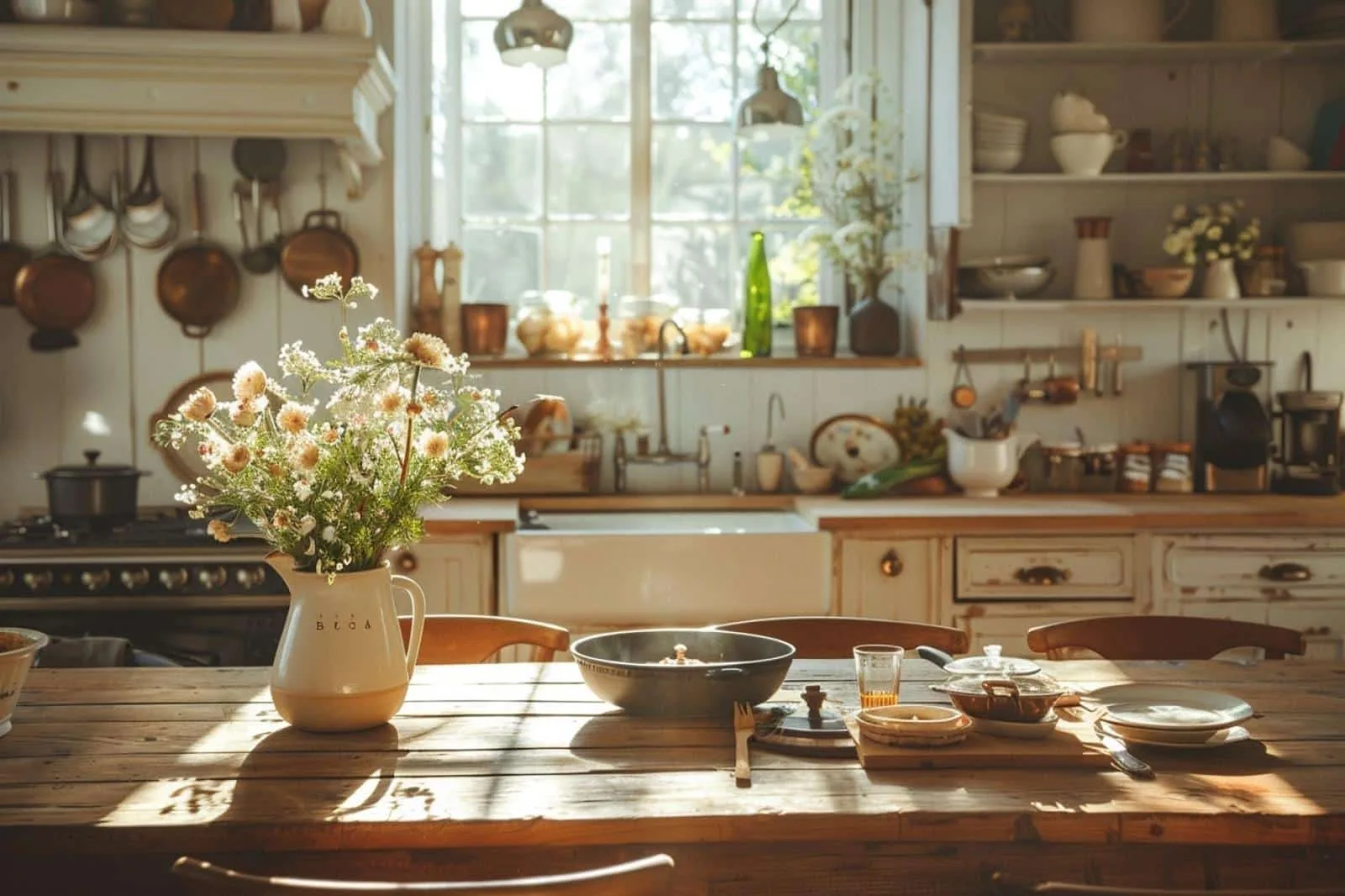 Cuisine chaleureuse aux façades claires, plan de travail en bois, étagères ouvertes, luminaires doux et textiles naturels.