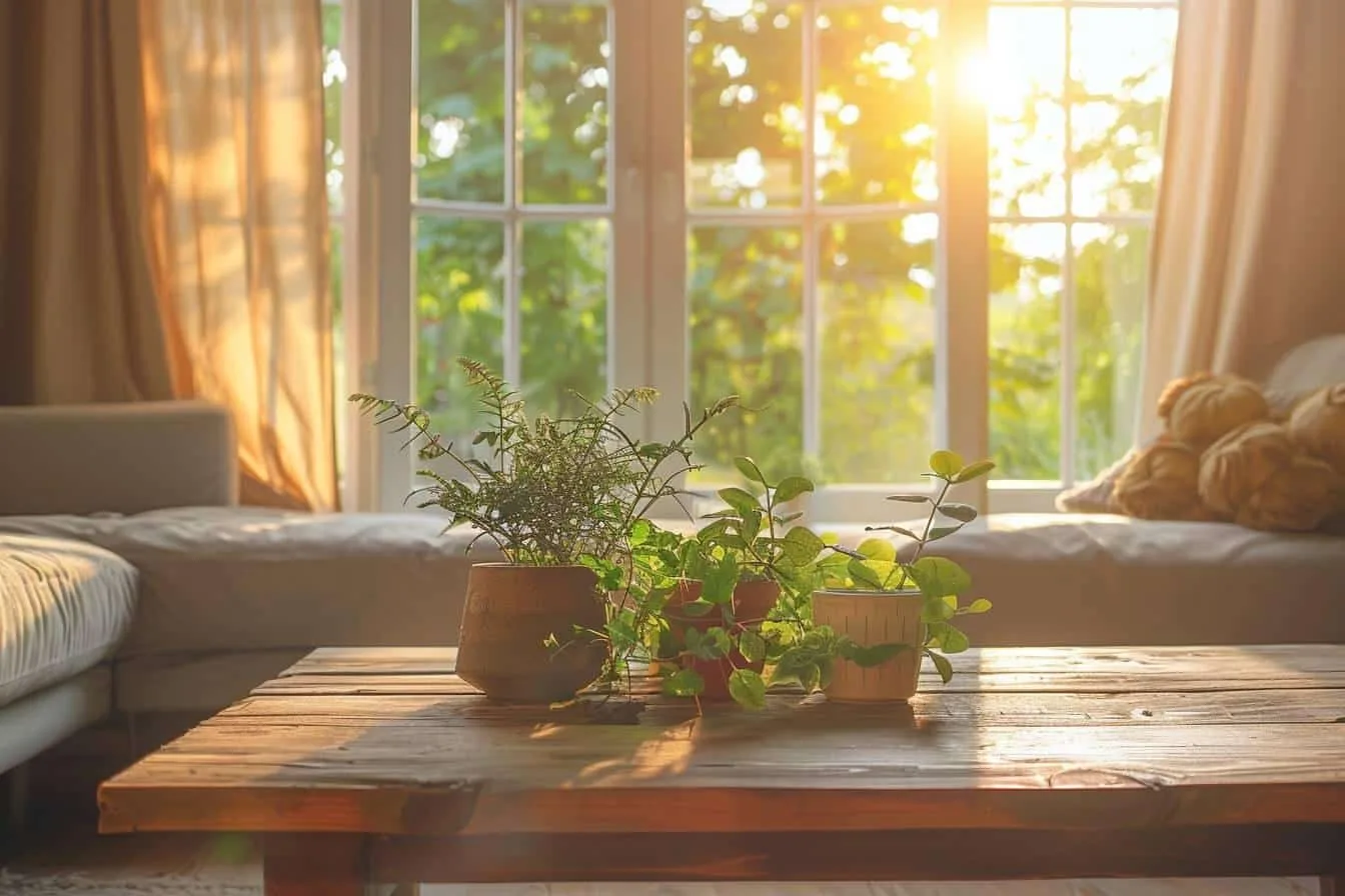 Salon lumineux d’inspiration kinfolk avec canapé en lin écru, table en bois brut, céramiques artisanales et plantes vertes.