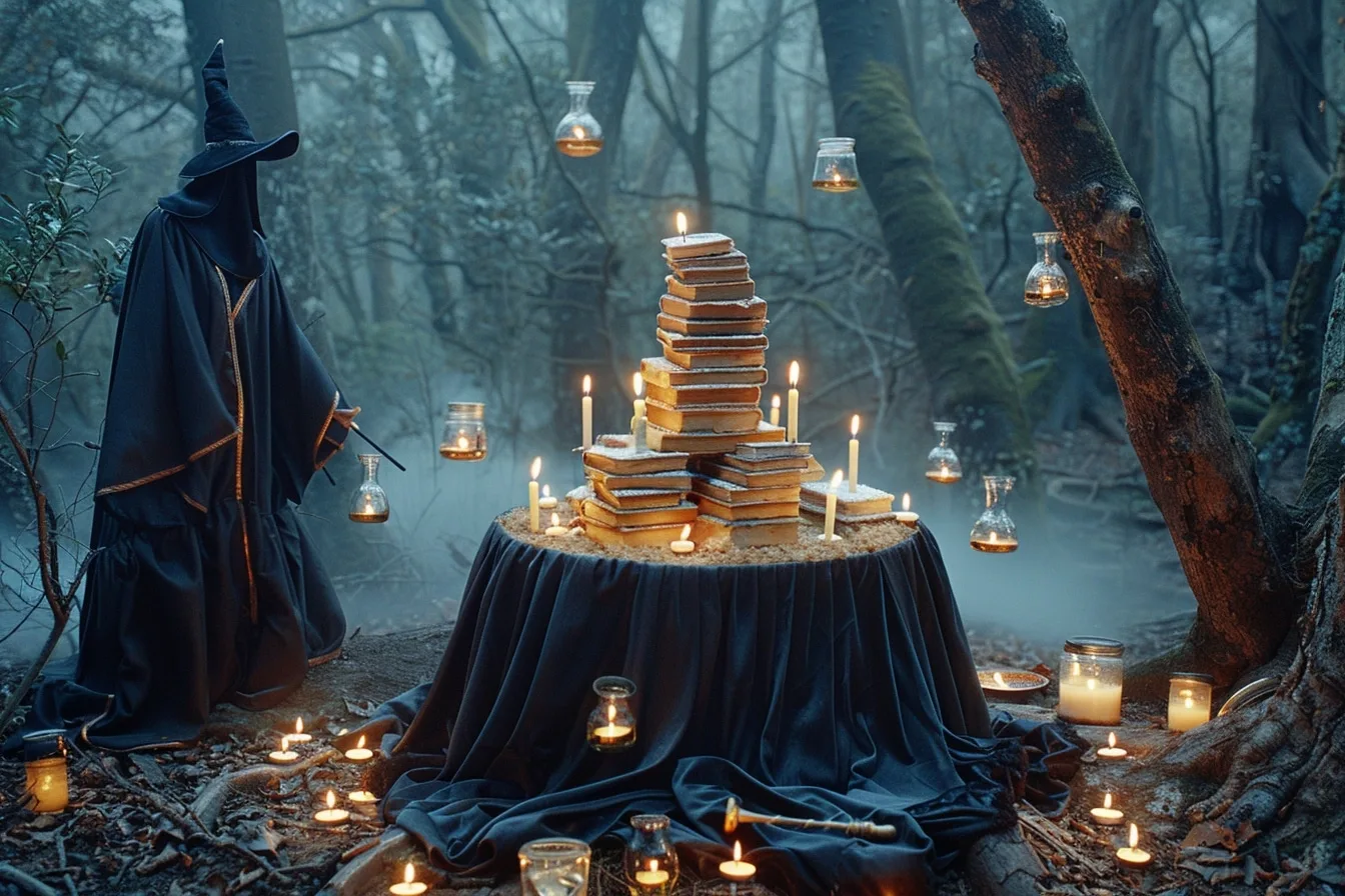 Table d'anniversaire inspirée de l'univers Harry Potter avec bougies flottantes, blasons colorés, fioles et gourmandises magiques.