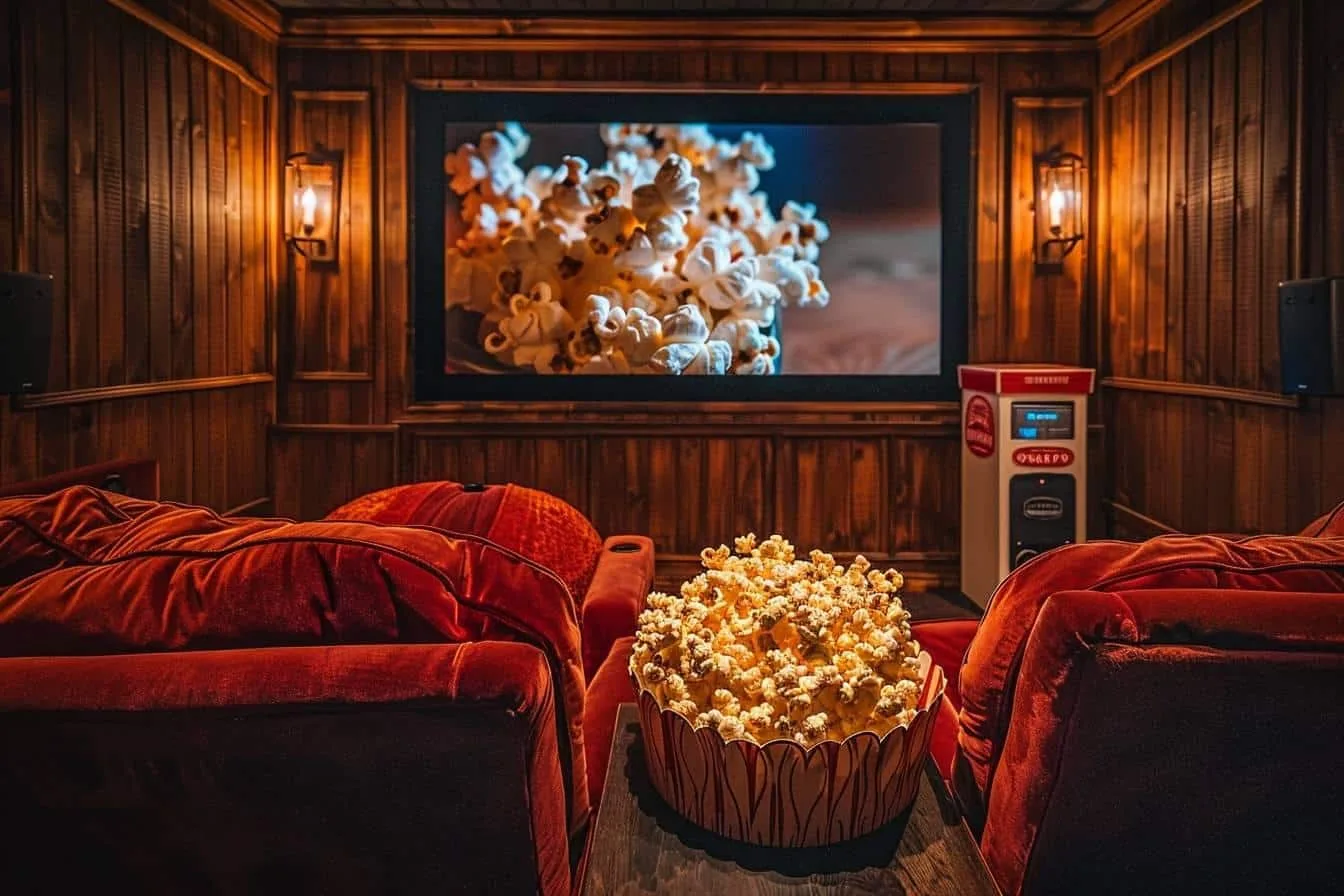 Salle de cinéma privée élégante à domicile avec écran de projection, fauteuils confortables et éclairage tamisé.