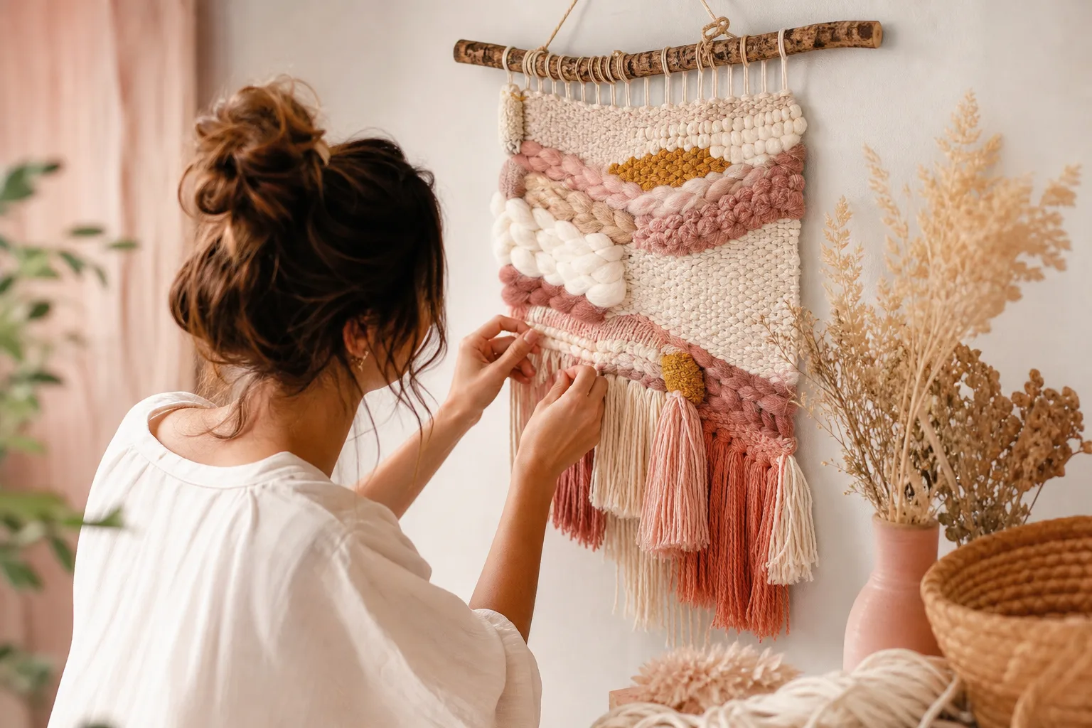 Tenture murale bohème en tissage coloré, réalisée avec des fils de laine rose, terracotta, écru et jaune sur une branche en bois.