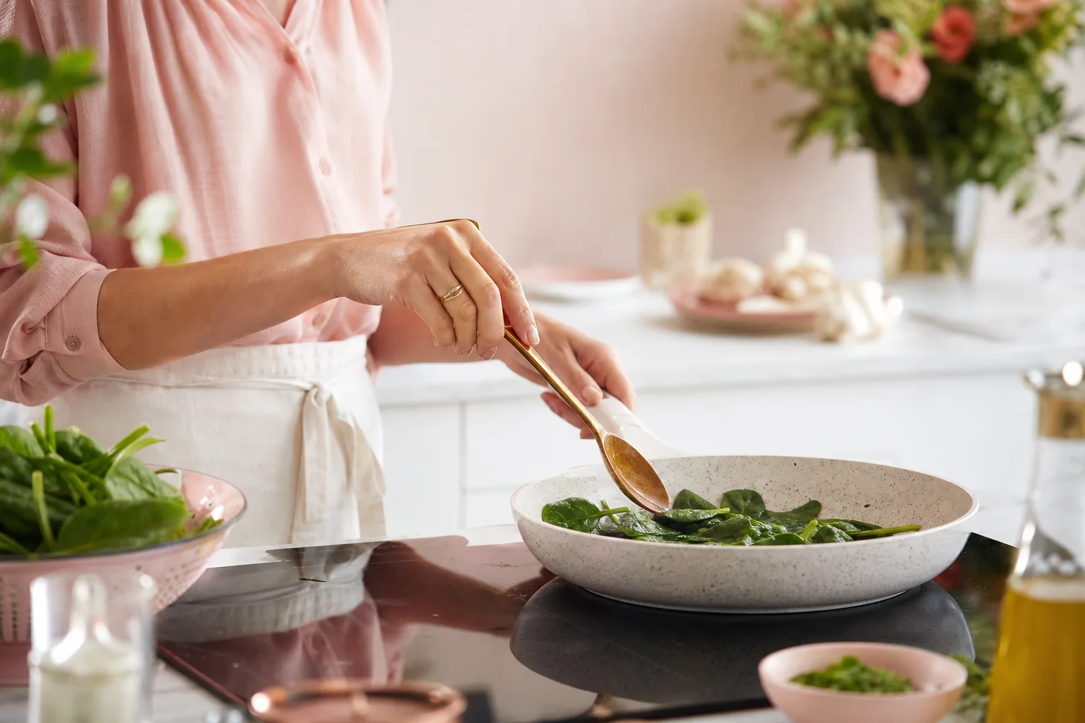 Poêlée d’épinards frais à l’ail dans une sauteuse, servie avec une cuillère en bois.