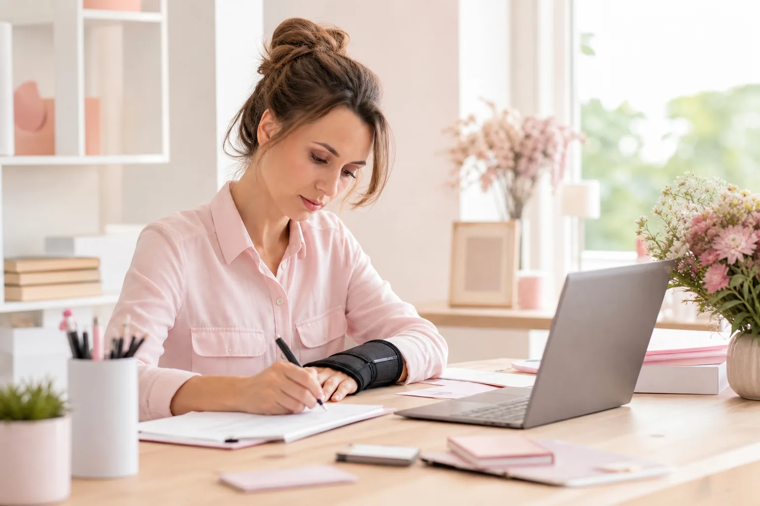 Salariée au téléphone réunissant ses documents après un accident du travail pour effectuer sa déclaration.