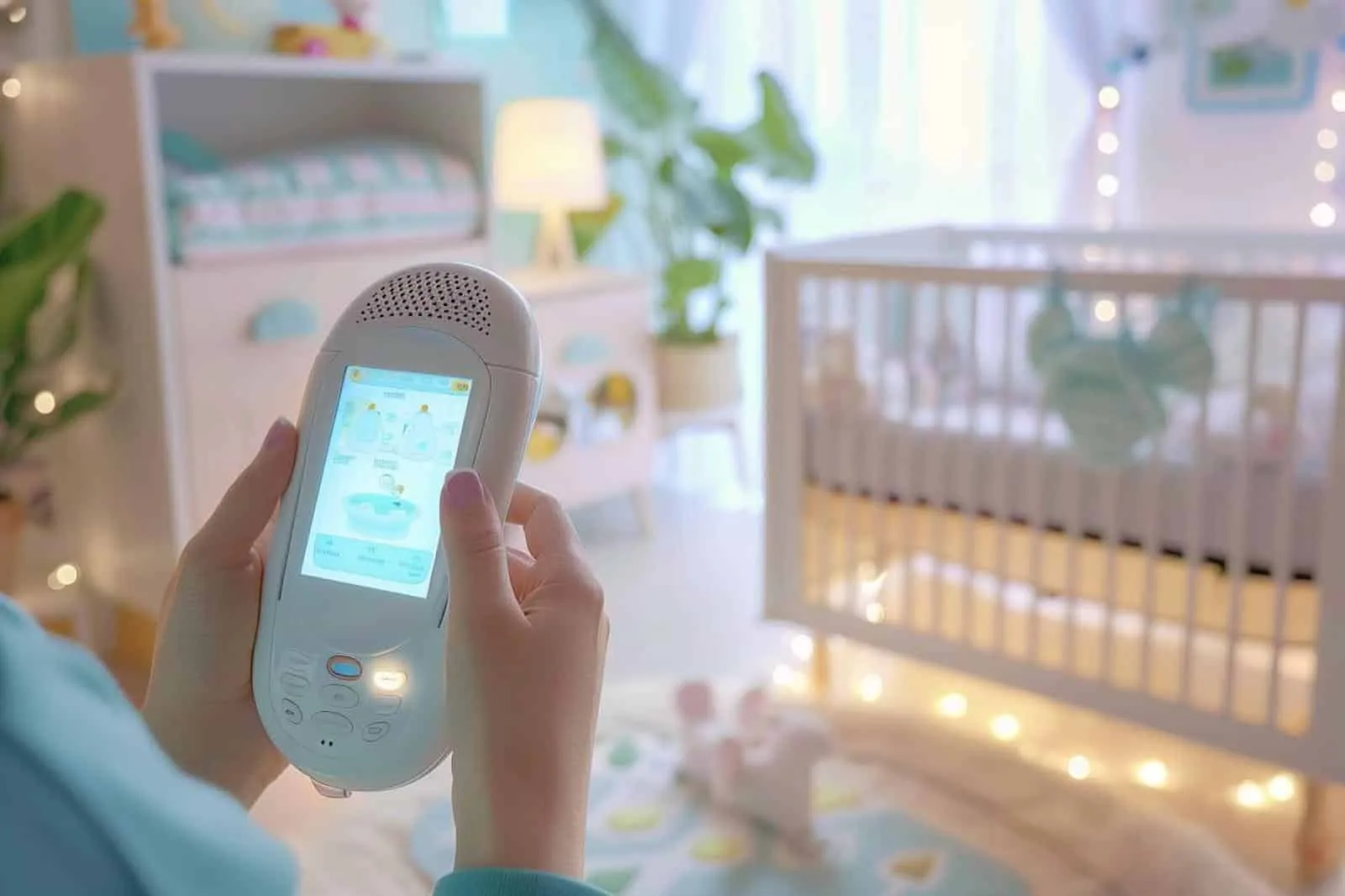 Parent consultant l’application d’un babyphone connecté sur son téléphone près d’un lit de bébé.