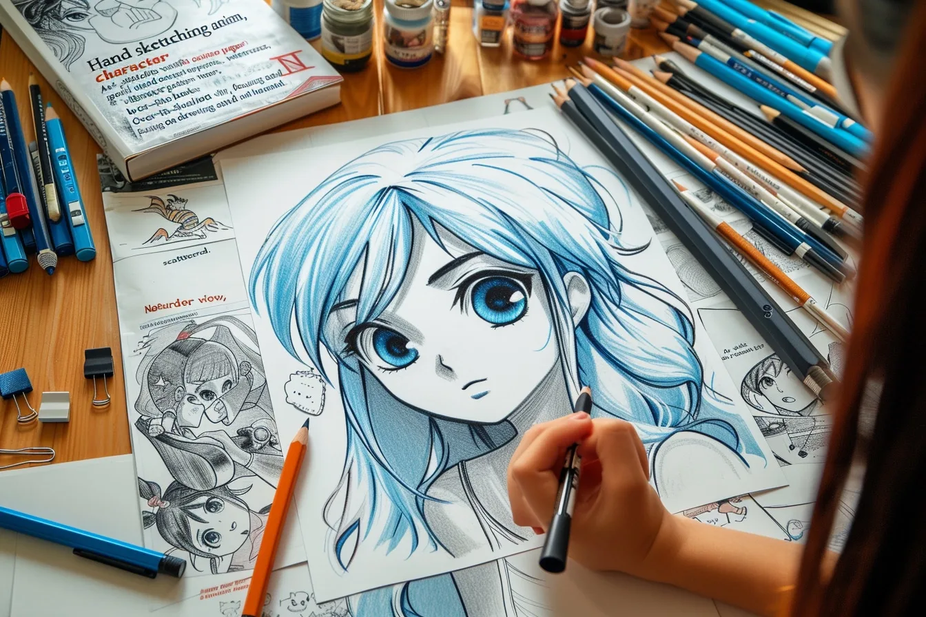 Carnet de croquis ouvert montrant les étapes de construction d’un personnage de style anime, avec crayons et feutres fins.