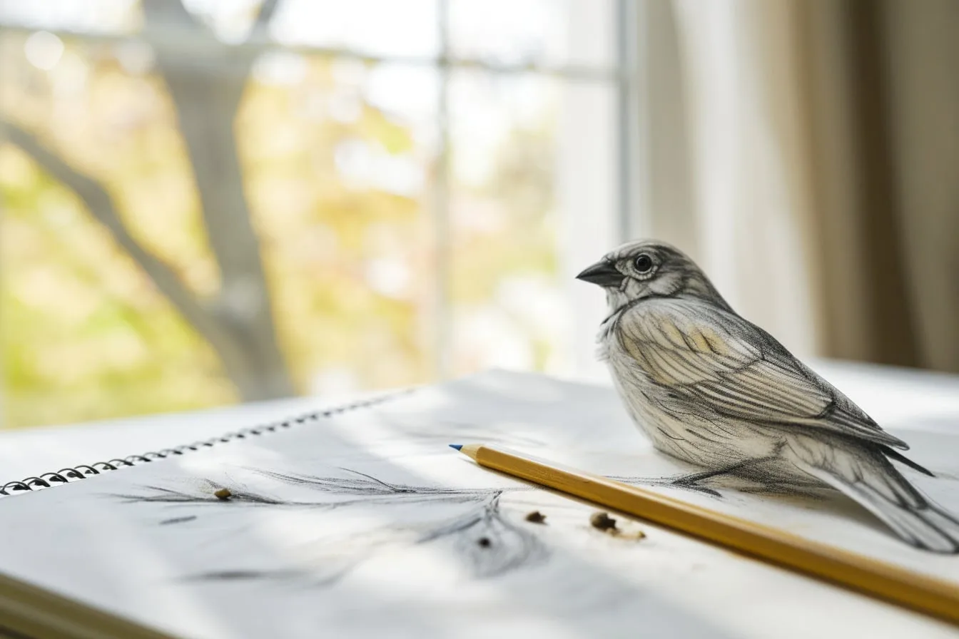 Dessin au crayon d’un petit oiseau de profil construit à partir d’un cercle et d’un ovale, avec quelques crayons de couleur.