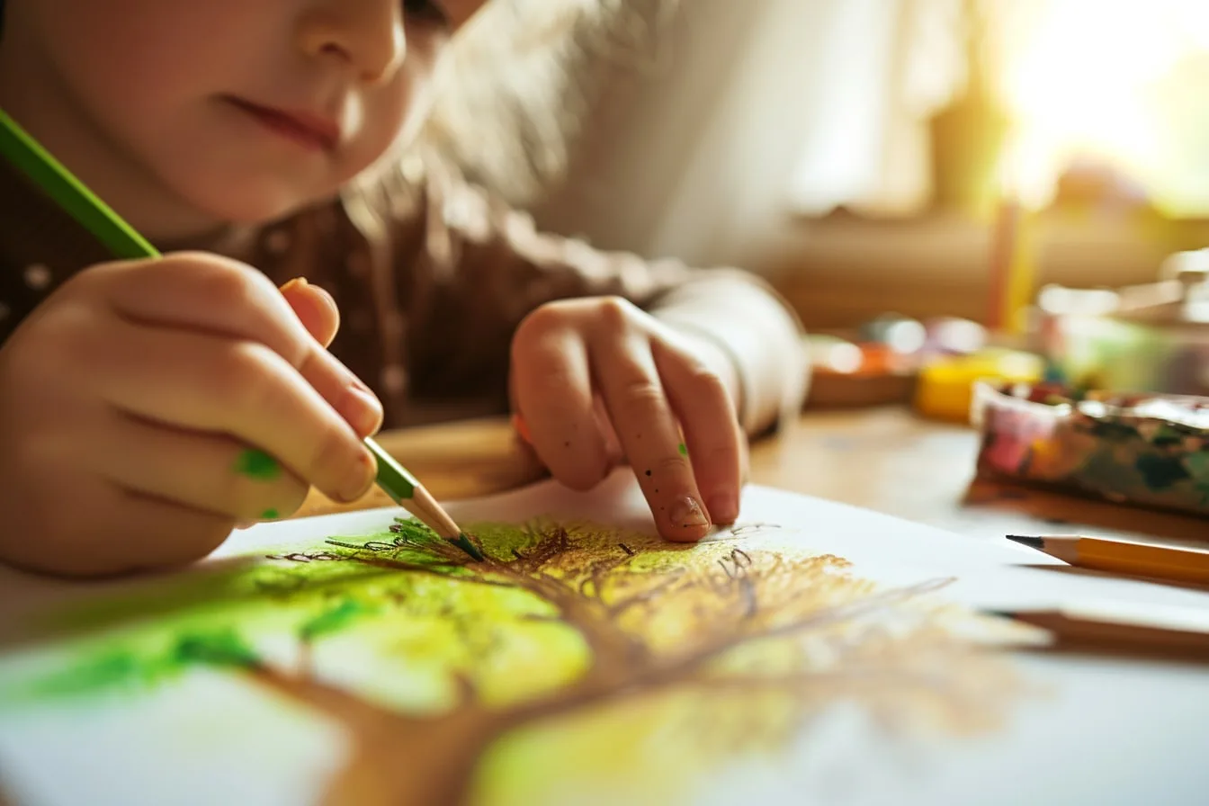 Main dessinant au crayon un sapin par étapes sur une feuille blanche, avec des branches en zigzag et une gomme.