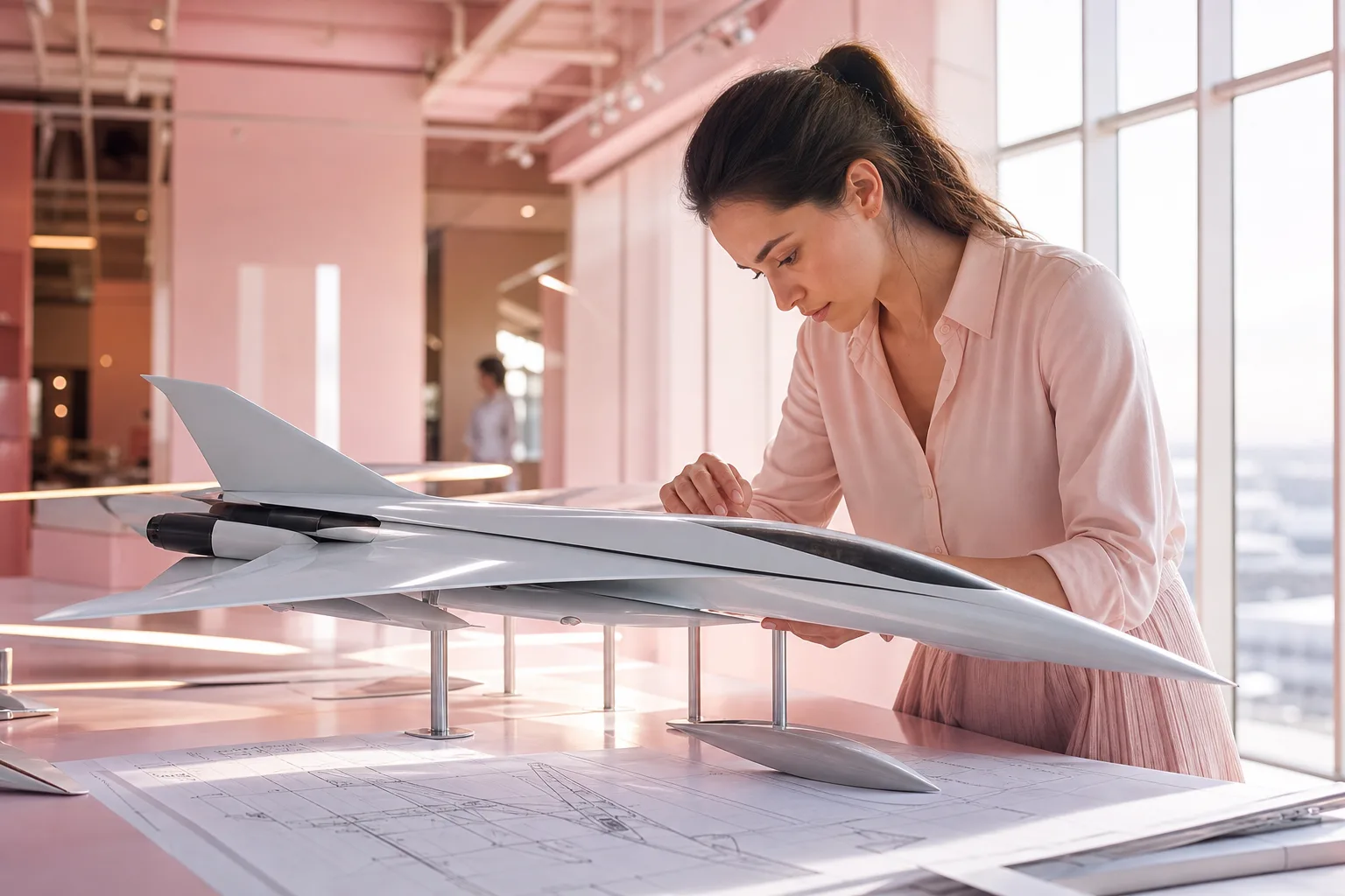 Ingénieure observant la maquette d’un avion supersonique moderne devant une carte de routes aériennes.