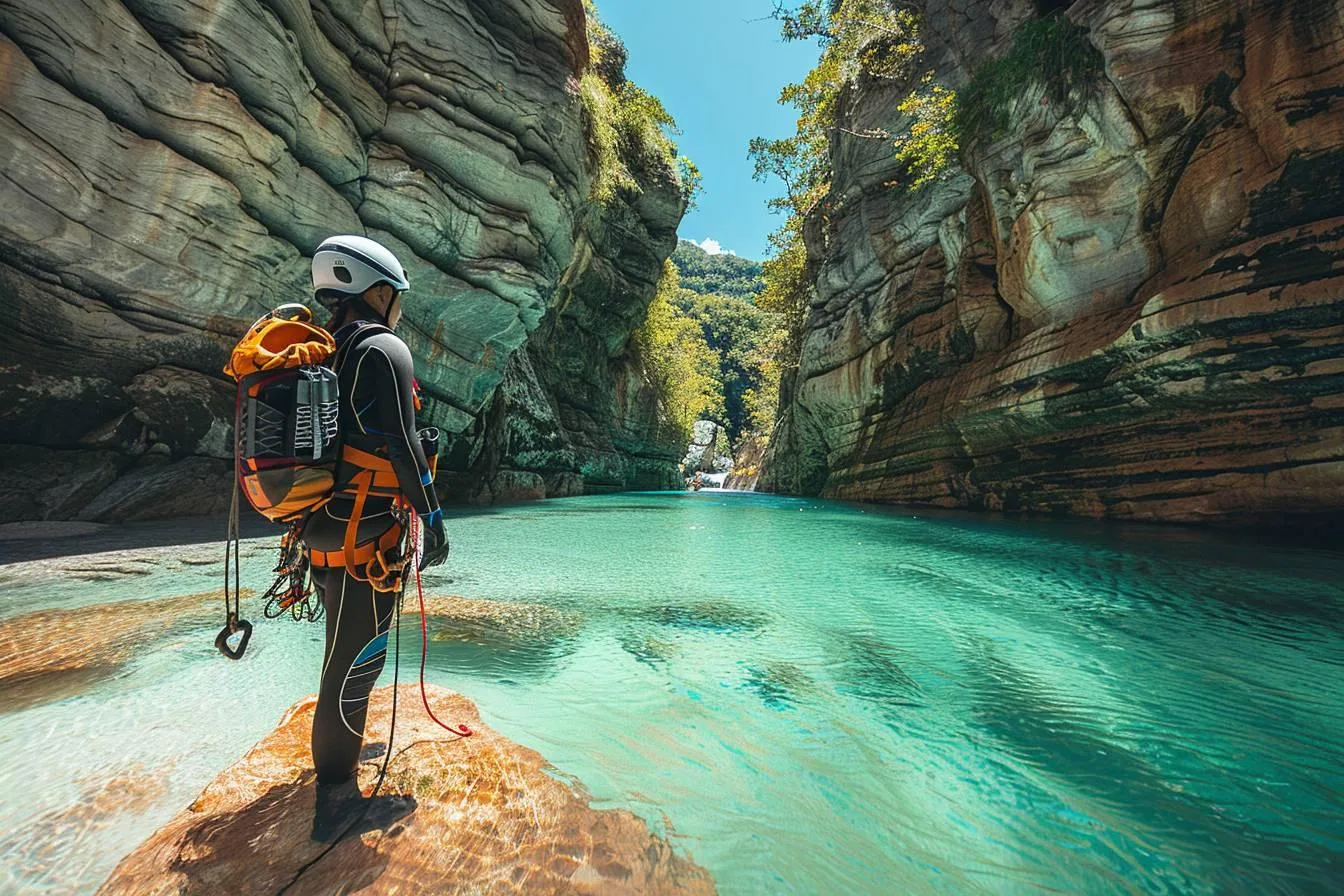 Canyoneuse équipée d’un casque et d’une combinaison néoprène progressant dans un canyon encaissé avec une corde.