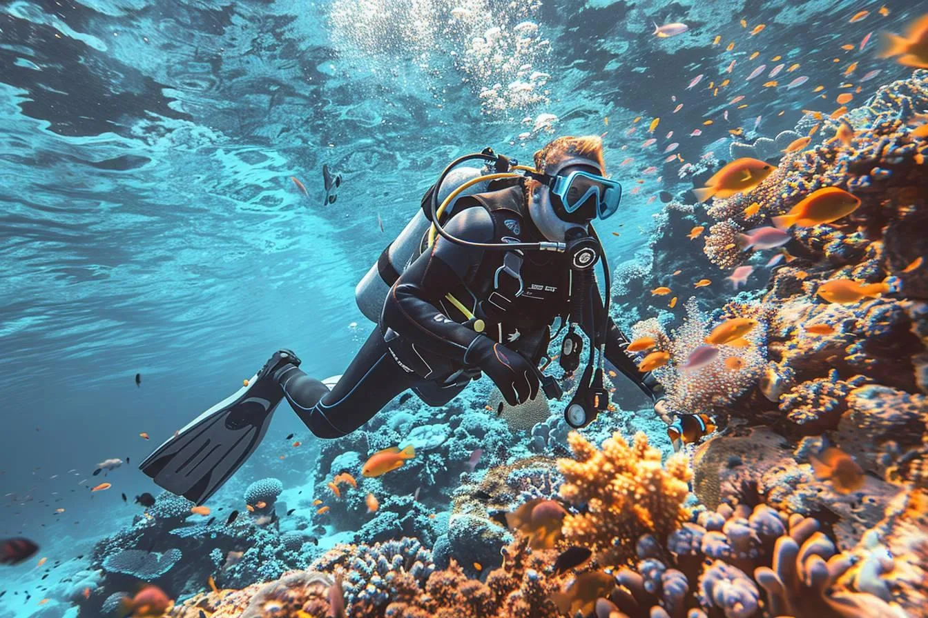 Plongeuse technique équipée d’un masque, de bouteilles et d’une combinaison, se préparant avant une immersion en mer.