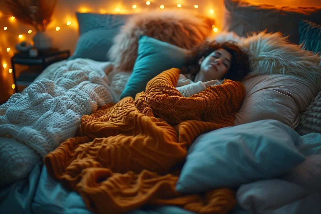 Femme détendue dans une chambre douce et sombre, préparant une cure de sommeil réparatrice à domicile.