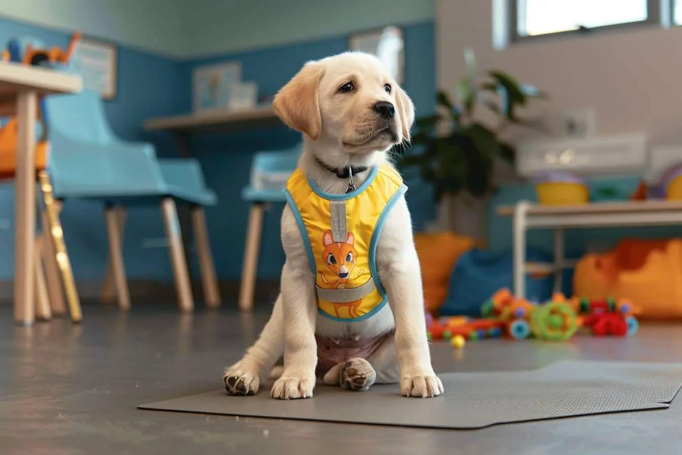 Jeune chiot chien guide en apprentissage, assis calmement aux côtés de sa famille d’accueil en ville.