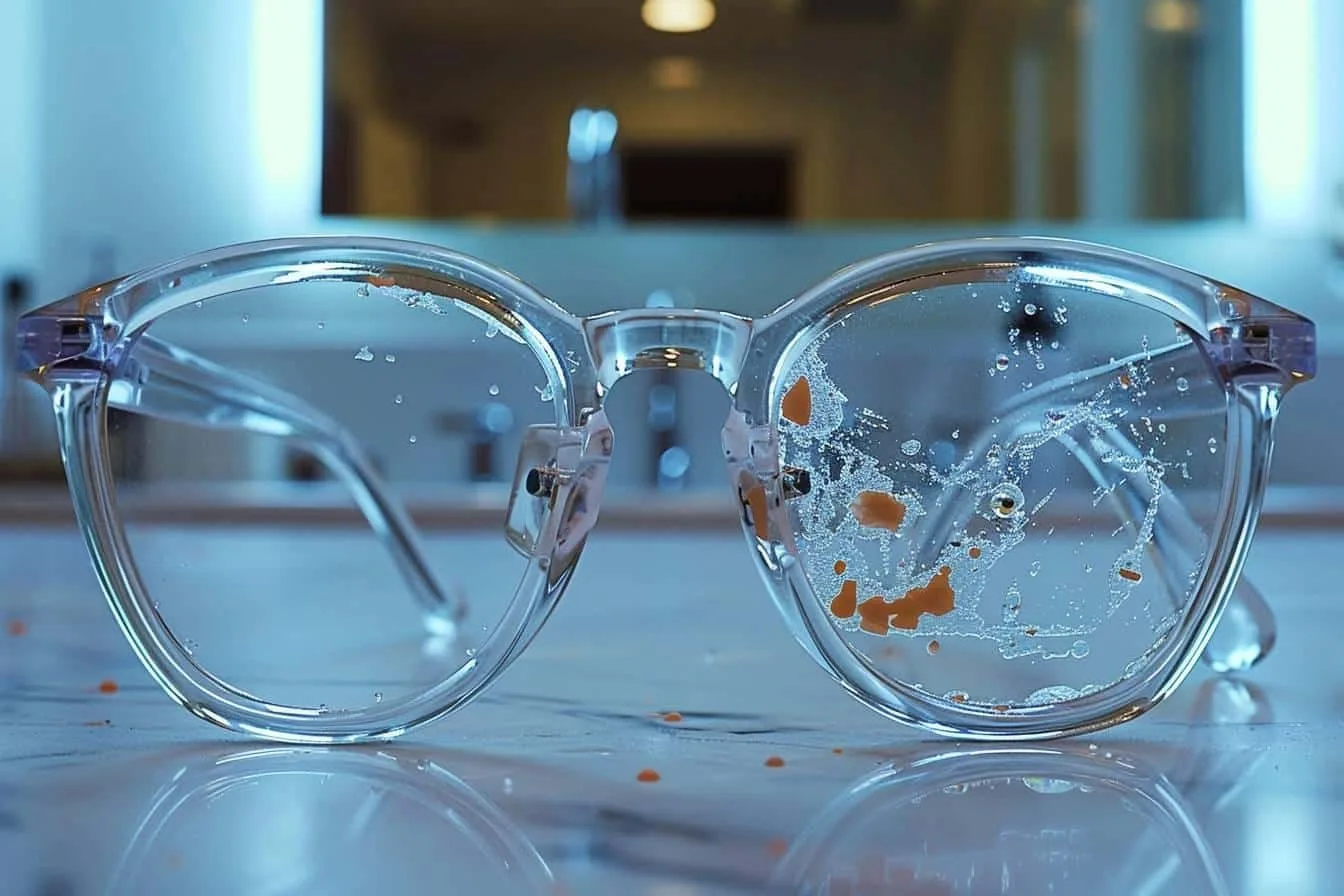 Gros plan sur une paire de lunettes posée sur un chiffon microfibre, avec une petite trace de colle à retirer délicatement sur un verre.