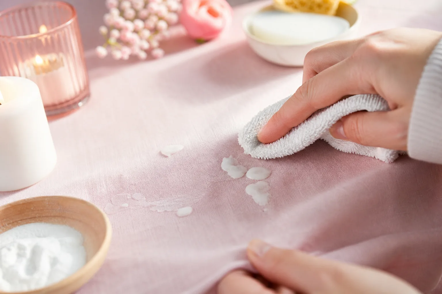 Nappe claire tachée de cire de bougie avec papier absorbant et fer à repasser pour retirer délicatement la cire.