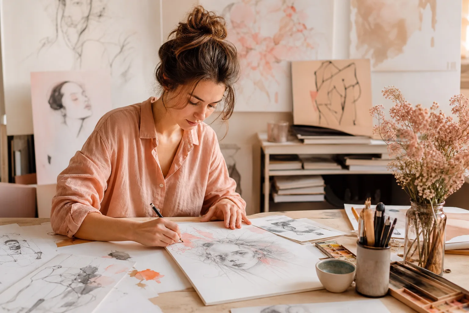 Carnet ouvert montrant un dessin introspectif mêlant un visage esquissé, des aplats colorés et des lignes abstraites.
