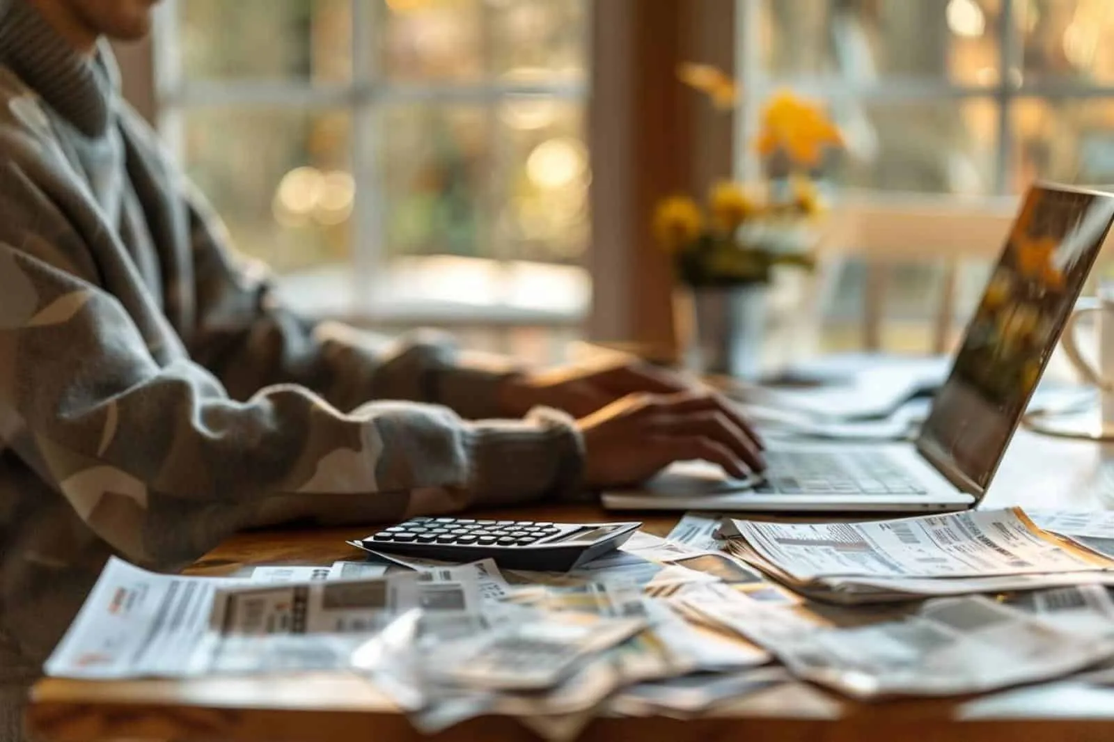 Carnet de budget personnel ouvert avec calculatrice, carte bancaire et tasse de café sur un bureau lumineux.