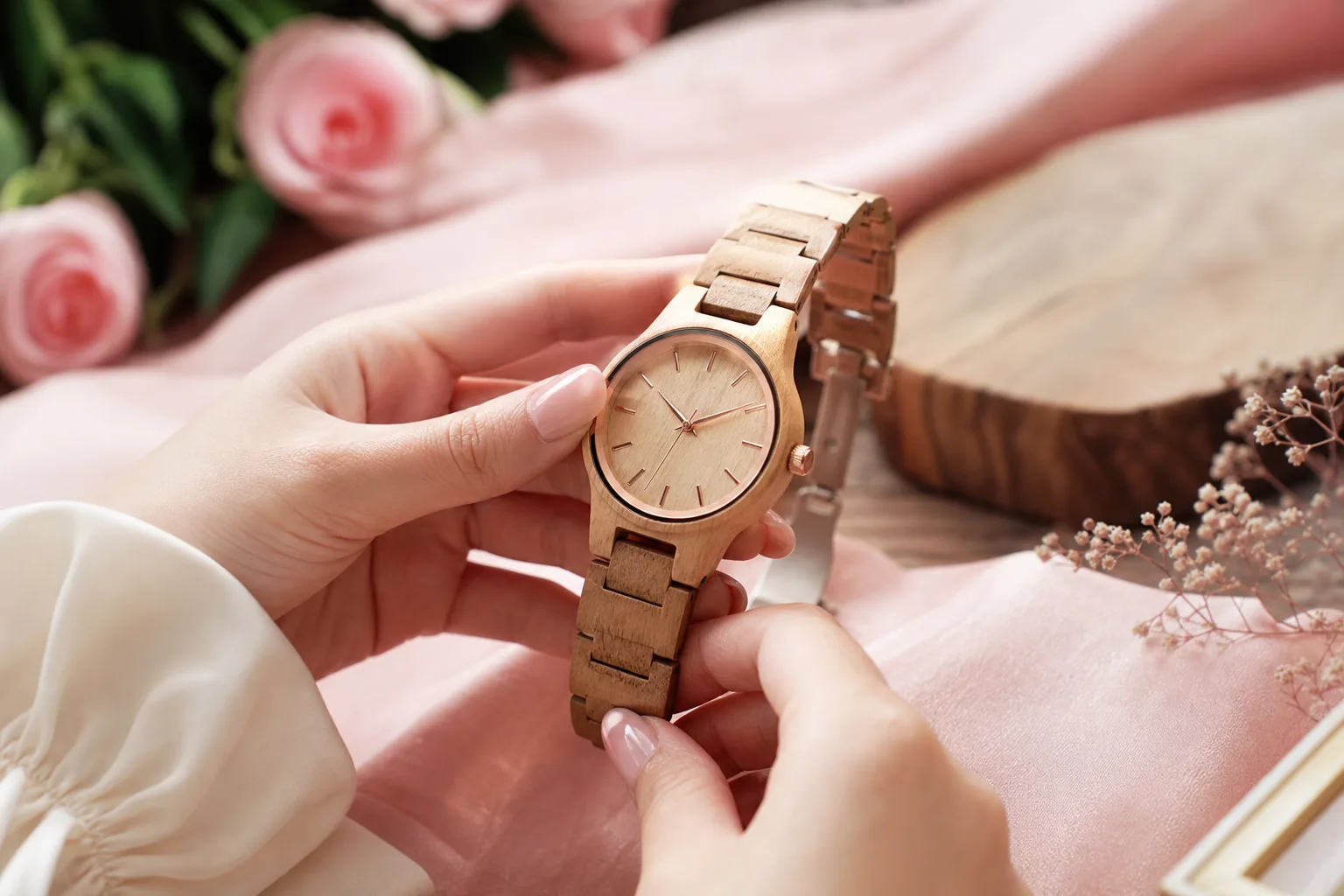 Gros plan d’une montre-bracelet en bois aux finitions soignées, posée sur une surface claire avec son bracelet visible.
