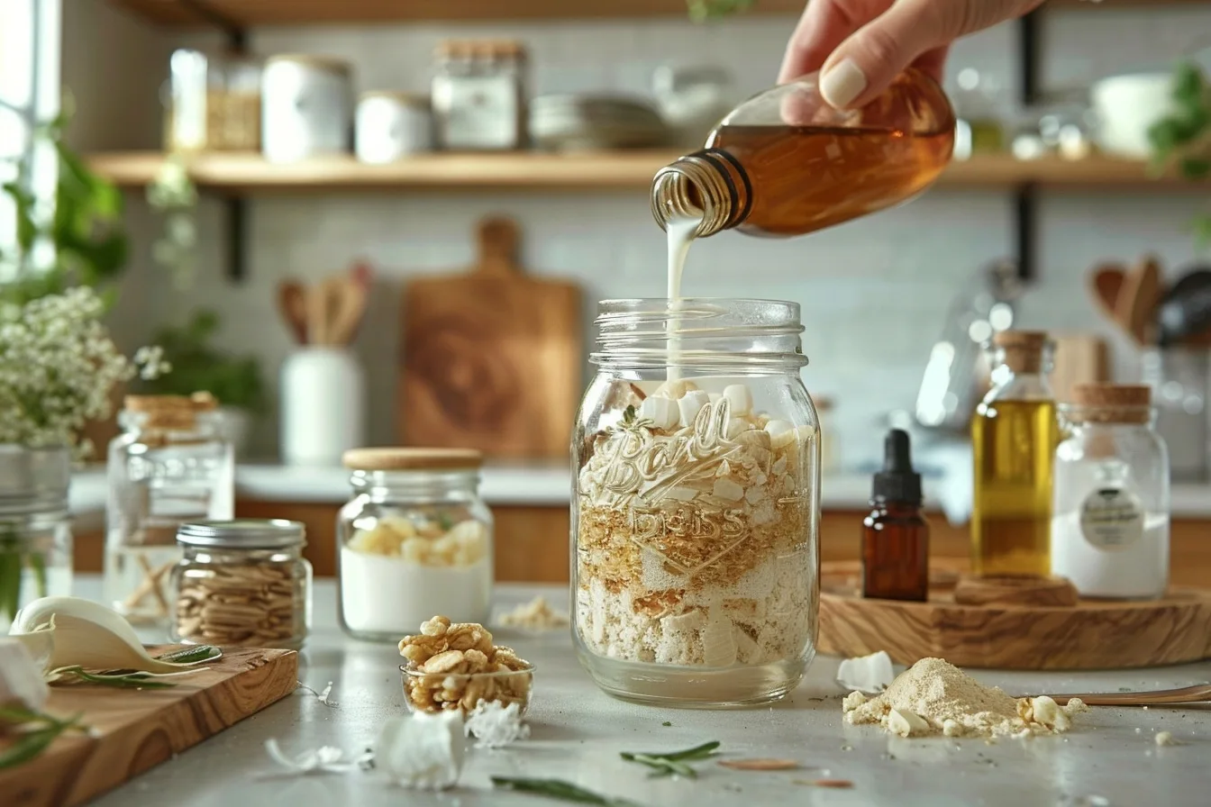 Bocal de lessive en poudre maison avec copeaux de savon, cristaux de soude et cuillère doseuse sur une buanderie claire.