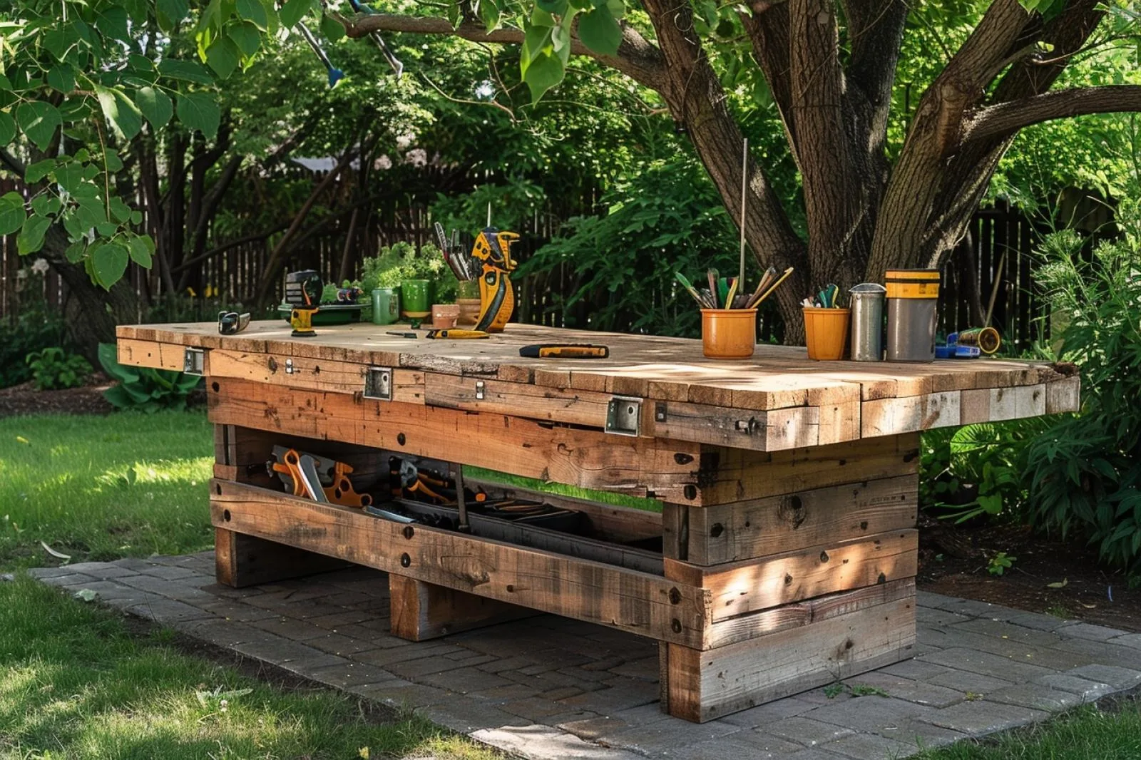 Établi fait maison en bois avec plateau robuste, rangement inférieur et outils de bricolage dans un atelier lumineux.