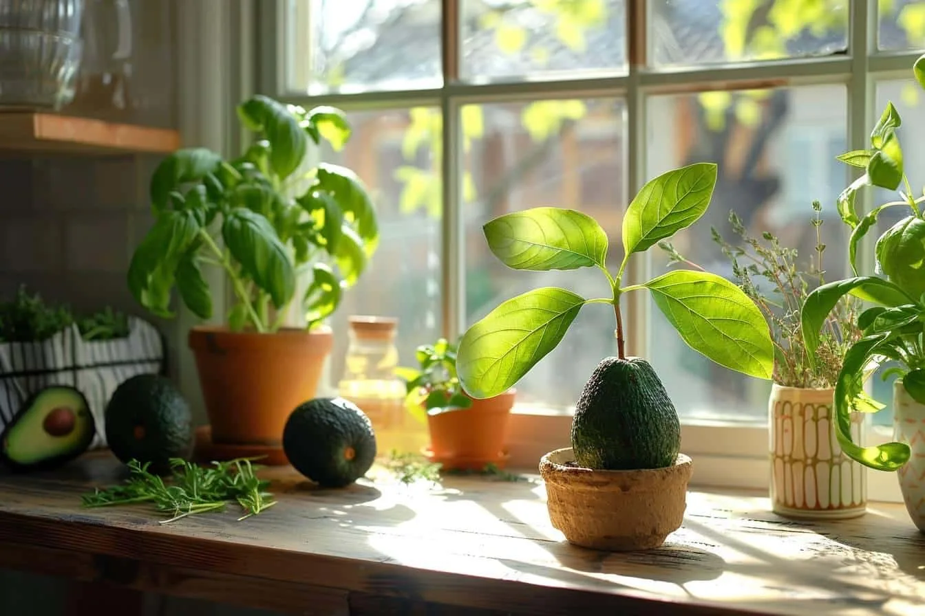 Jeune avocatier en pot près d’une fenêtre lumineuse, avec de grandes feuilles vertes et un noyau visible dans le terreau.