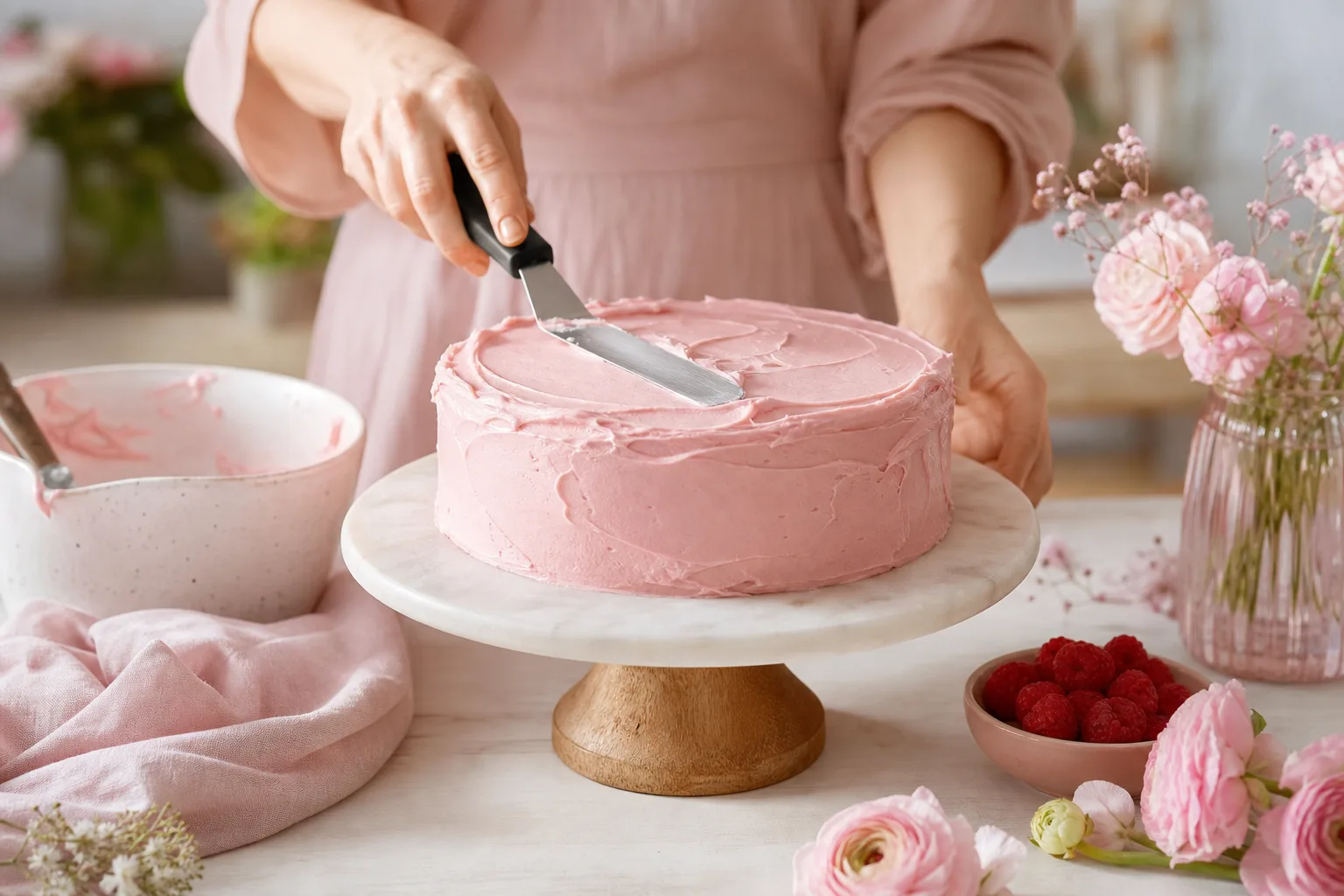 Gâteau rond recouvert d’un glaçage au chocolat lisse, décoré de quelques fruits rouges frais.