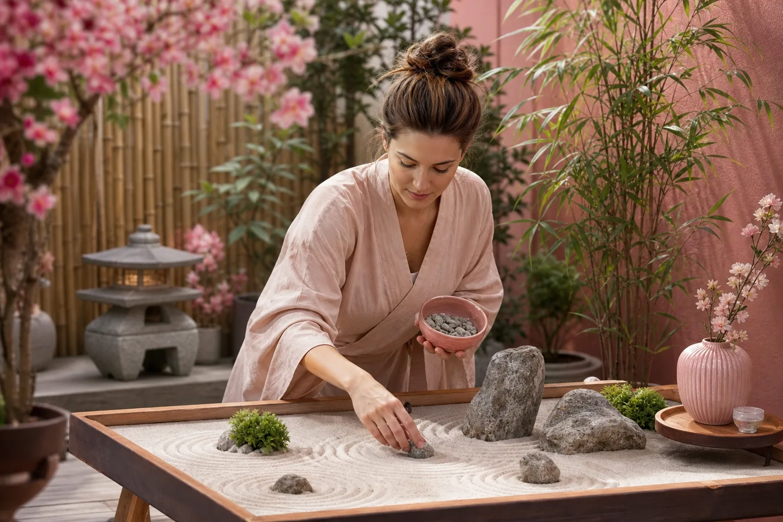 Jardin zen contemporain avec gravier ratissé, roches naturelles, érable en pot et végétaux graphiques.
