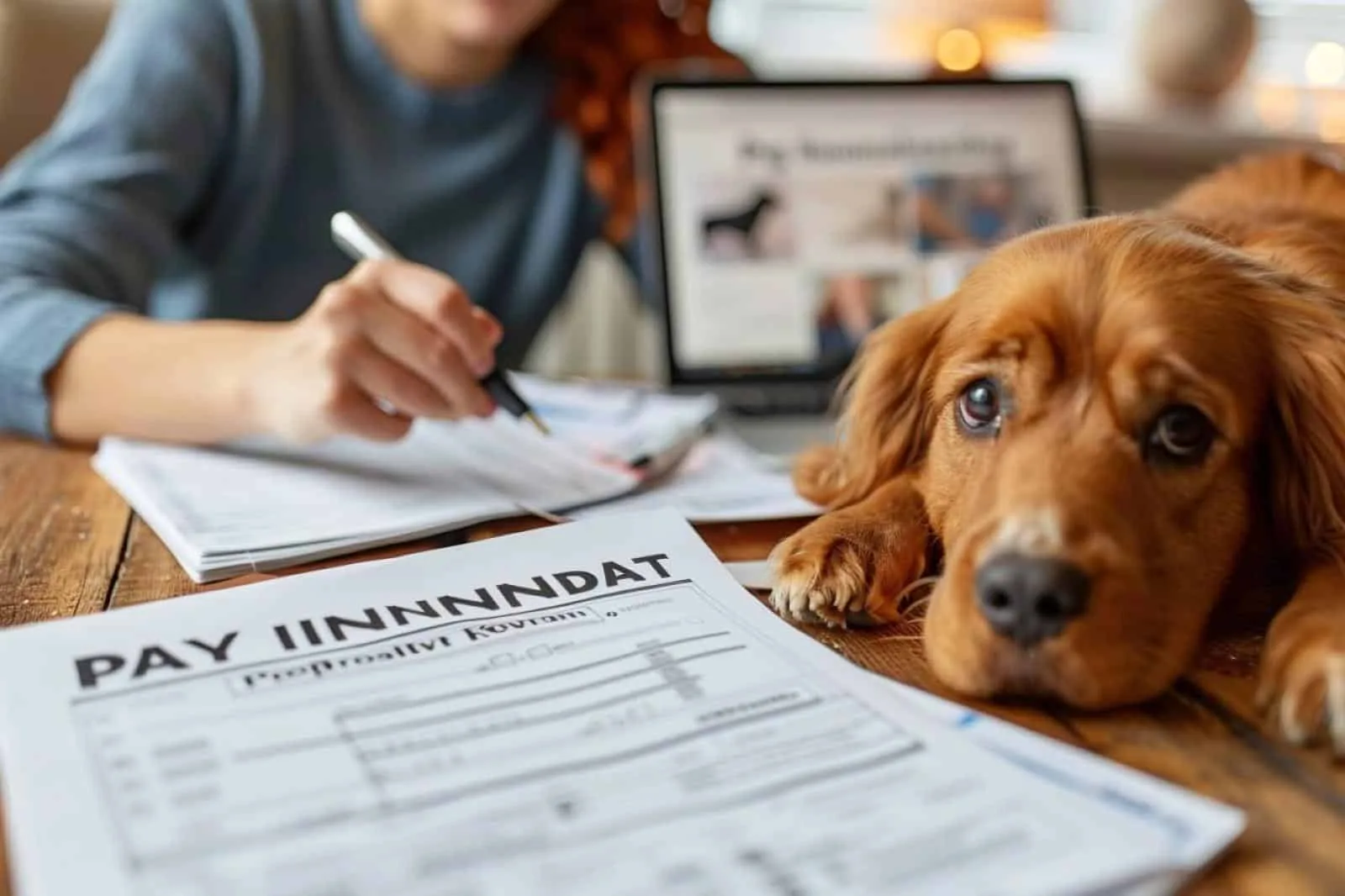 Femme remplissant une déclaration de sinistre d’assurance santé pour son chien après une consultation vétérinaire.