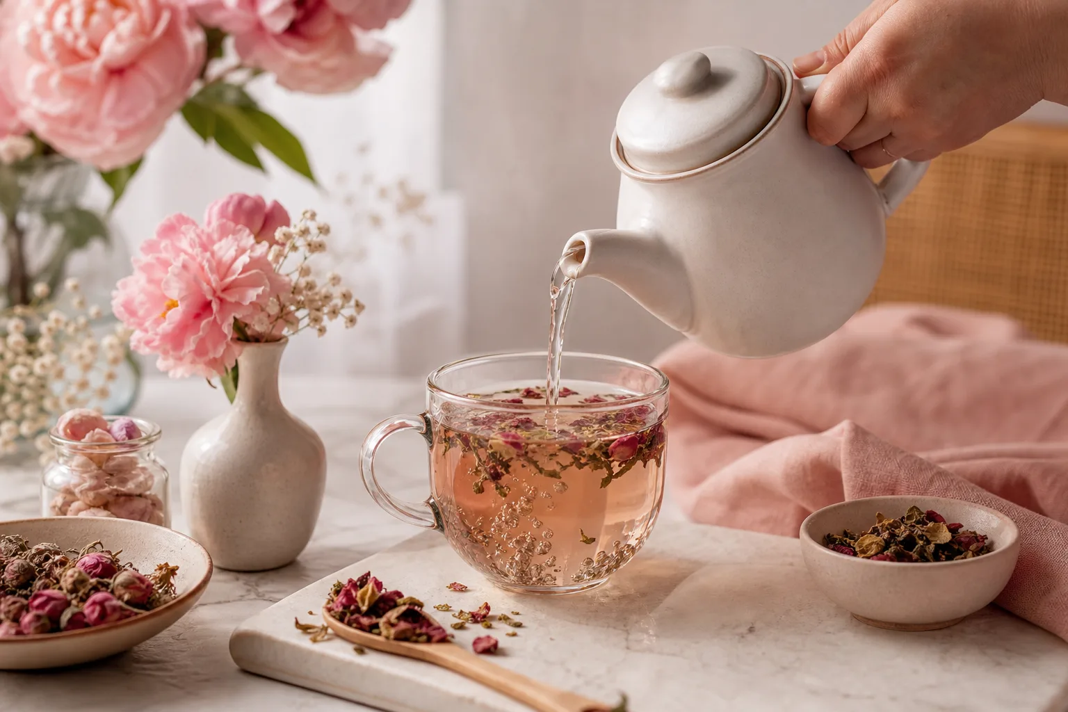 Tasse en céramique remplie d’une infusion ambrée, accompagnée de plantes séchées et d’une théière.