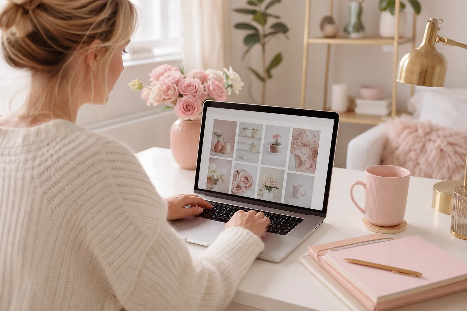 Femme configurant une page Facebook professionnelle sur son ordinateur portable, avec son téléphone posé à côté.