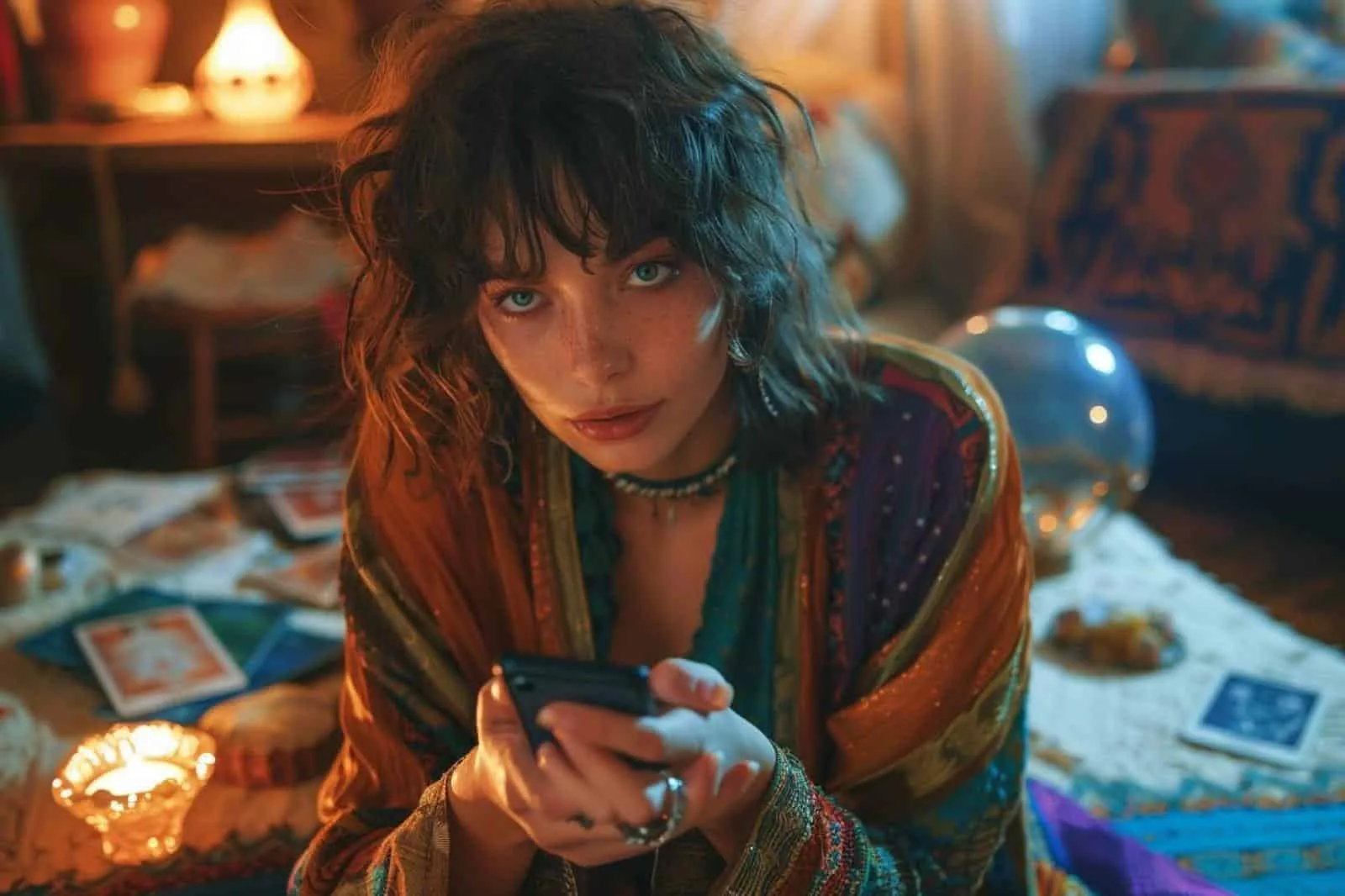 Femme au téléphone dans un intérieur calme, prenant des notes avant une consultation de voyance à petit prix.