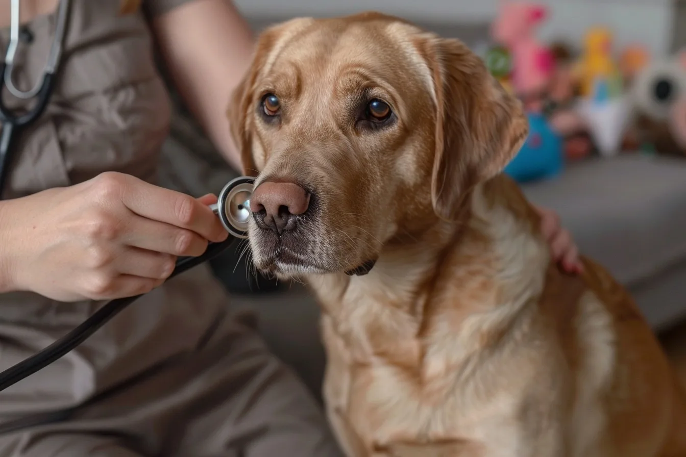 Une femme attentive réconforte son chien pendant qu’elle prépare une trousse de premiers secours vétérinaires à la maison.
