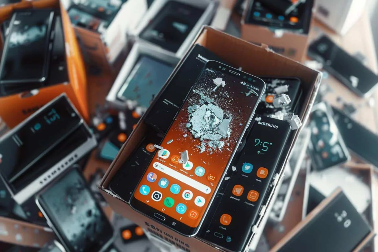 Personne tenant un smartphone Samsung affichant une application qui ne répond plus, avec des réglages de dépannage à l’écran.