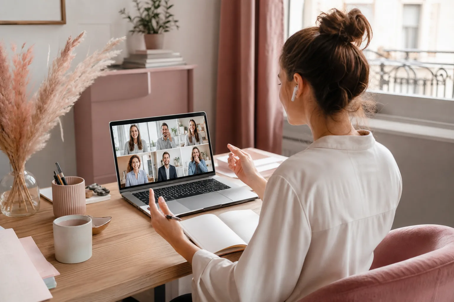 Rédactrice en visioconférence depuis son bureau, avec ordinateur portable, carnet de notes et document éditorial ouvert.
