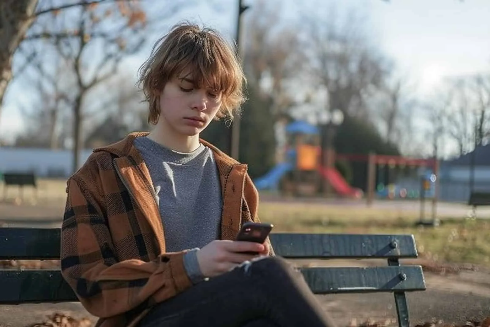 Femme assise près d’une fenêtre, téléphone à la main, réfléchissant après une rupture dans une relation à distance.