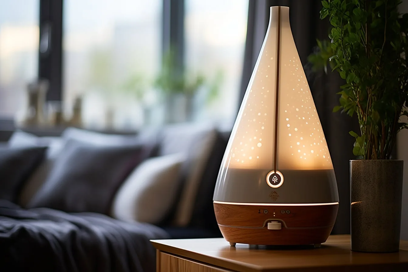 Chambre lumineuse et apaisante avec humidificateur posé sur une commode, hygromètre et plante verte.