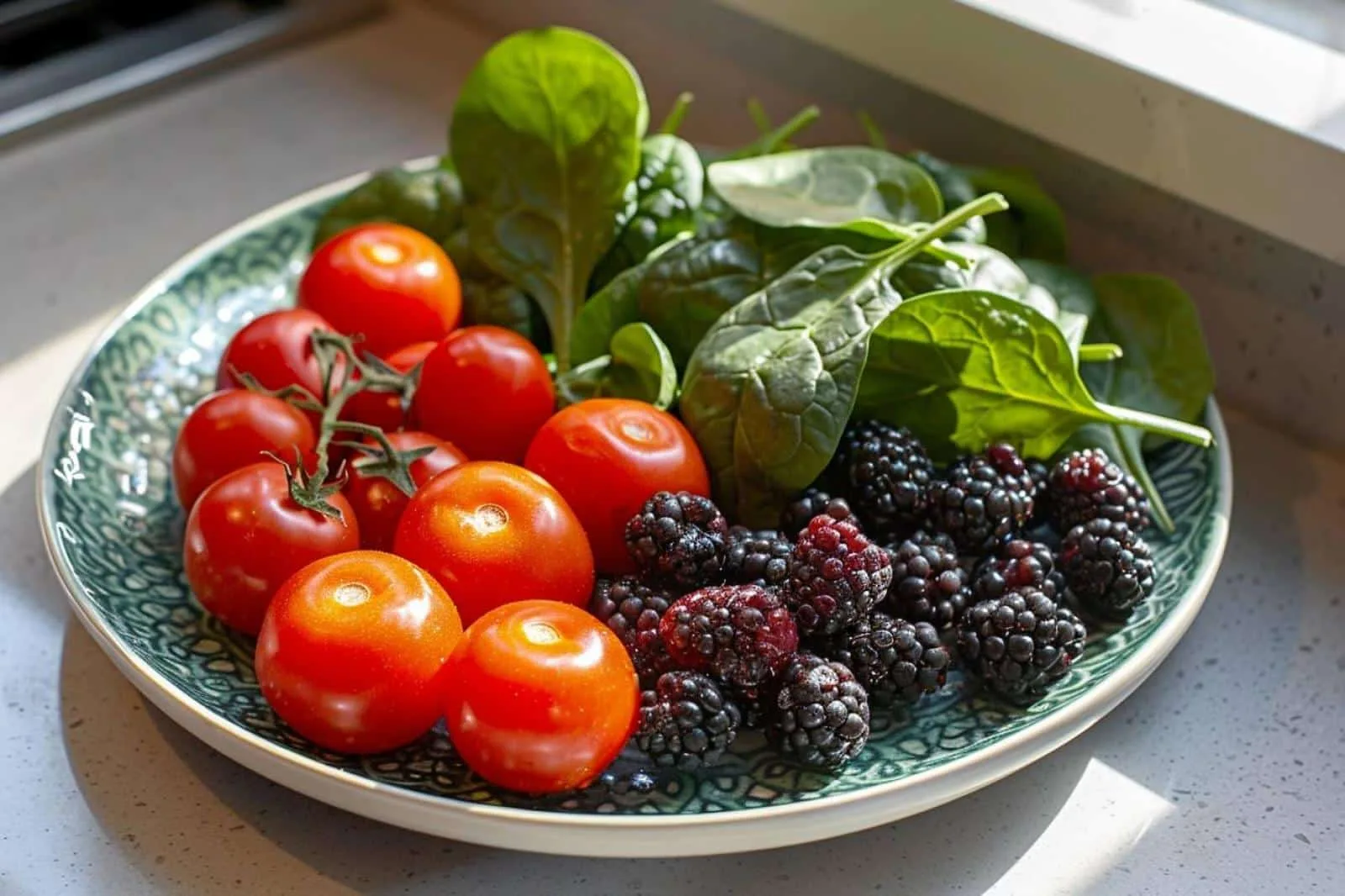 Bol coloré composé de fruits rouges, légumes, noix et thé vert, illustrant une alimentation riche en antioxydants.