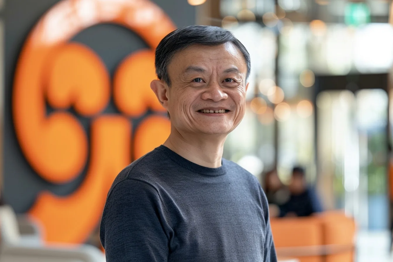 Illustration d’un entrepreneur travaillant sur une plateforme de commerce en ligne inspirée de la création d’Alibaba par Jack Ma.