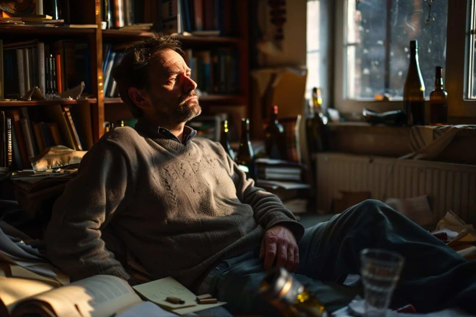 Homme assis près d’une fenêtre, pensif, illustrant les émotions et la reconstruction après un divorce.